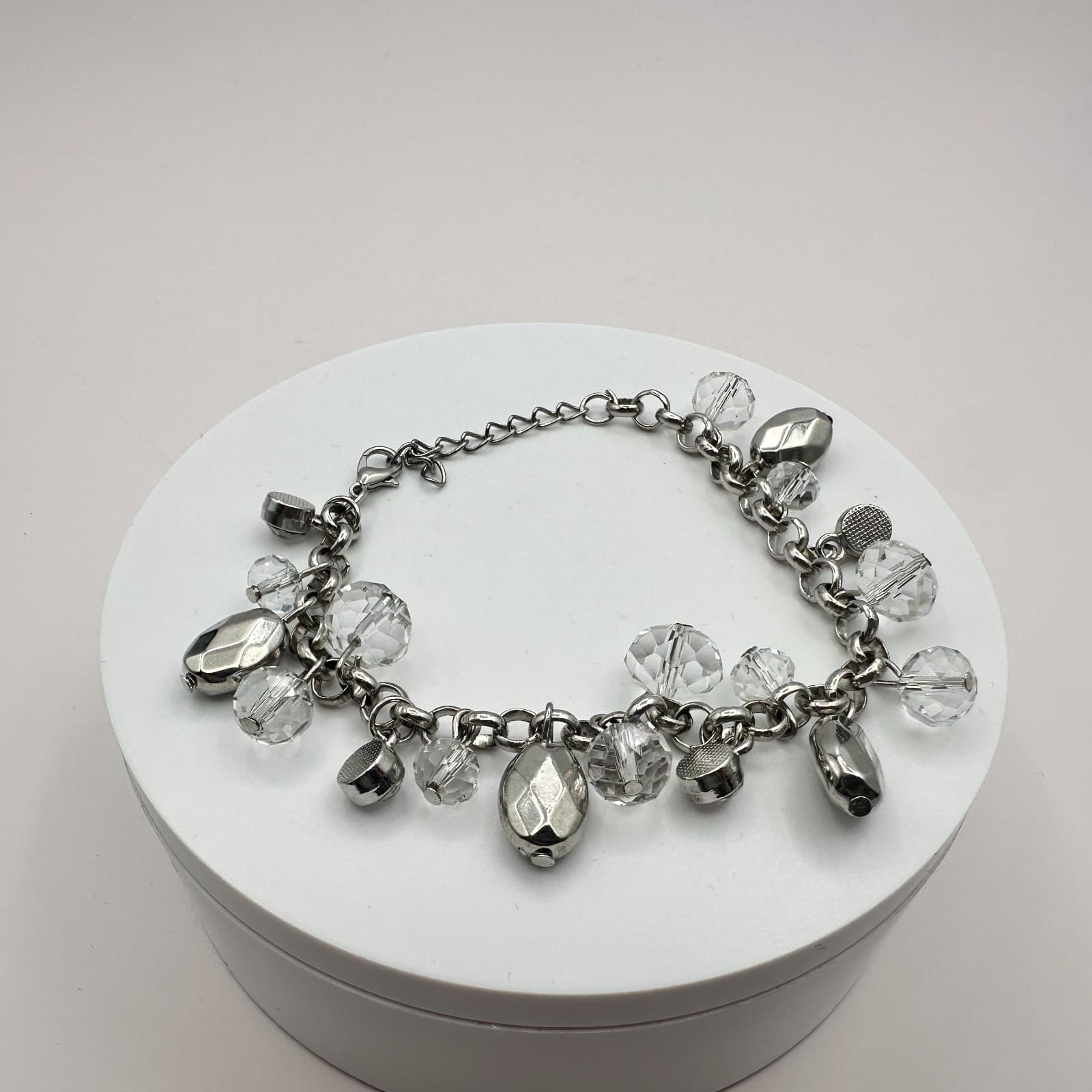Vintage Y2K Silver Tone Faceted Beaded Charm Bracelet Women's Classic Jewelry - Thumbnail 2
