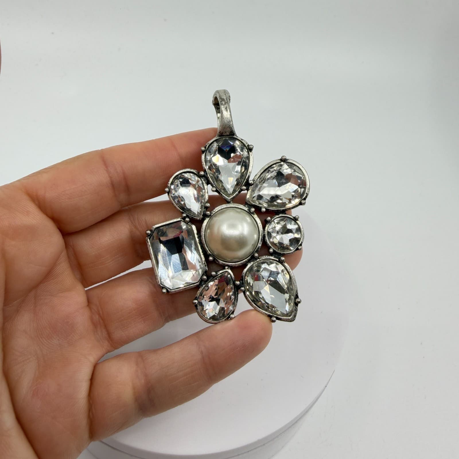 Large Statement Flower Pendant Faux Pearl Clear Crystal Silver Tone Boho Gift