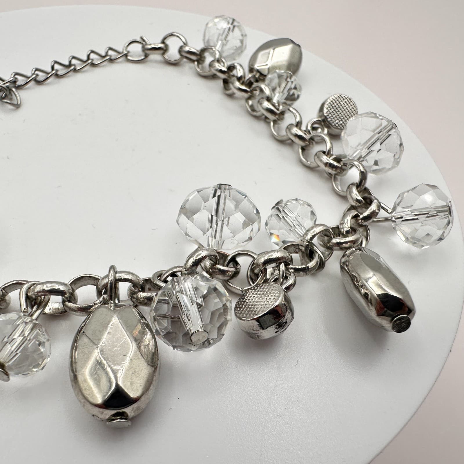 Vintage Y2K Silver Tone Faceted Beaded Charm Bracelet Women's Classic Jewelry - Thumbnail 5