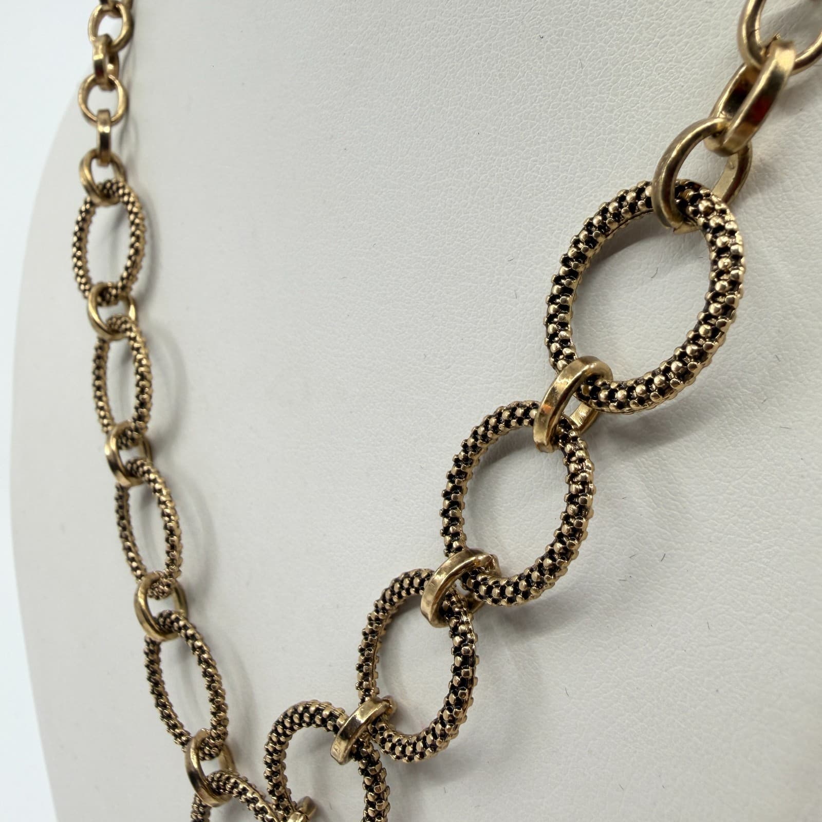 Gold Tone Statement Tassel Necklace Textured Linked Ring Chain Boho Chic Gift - Thumbnail 9