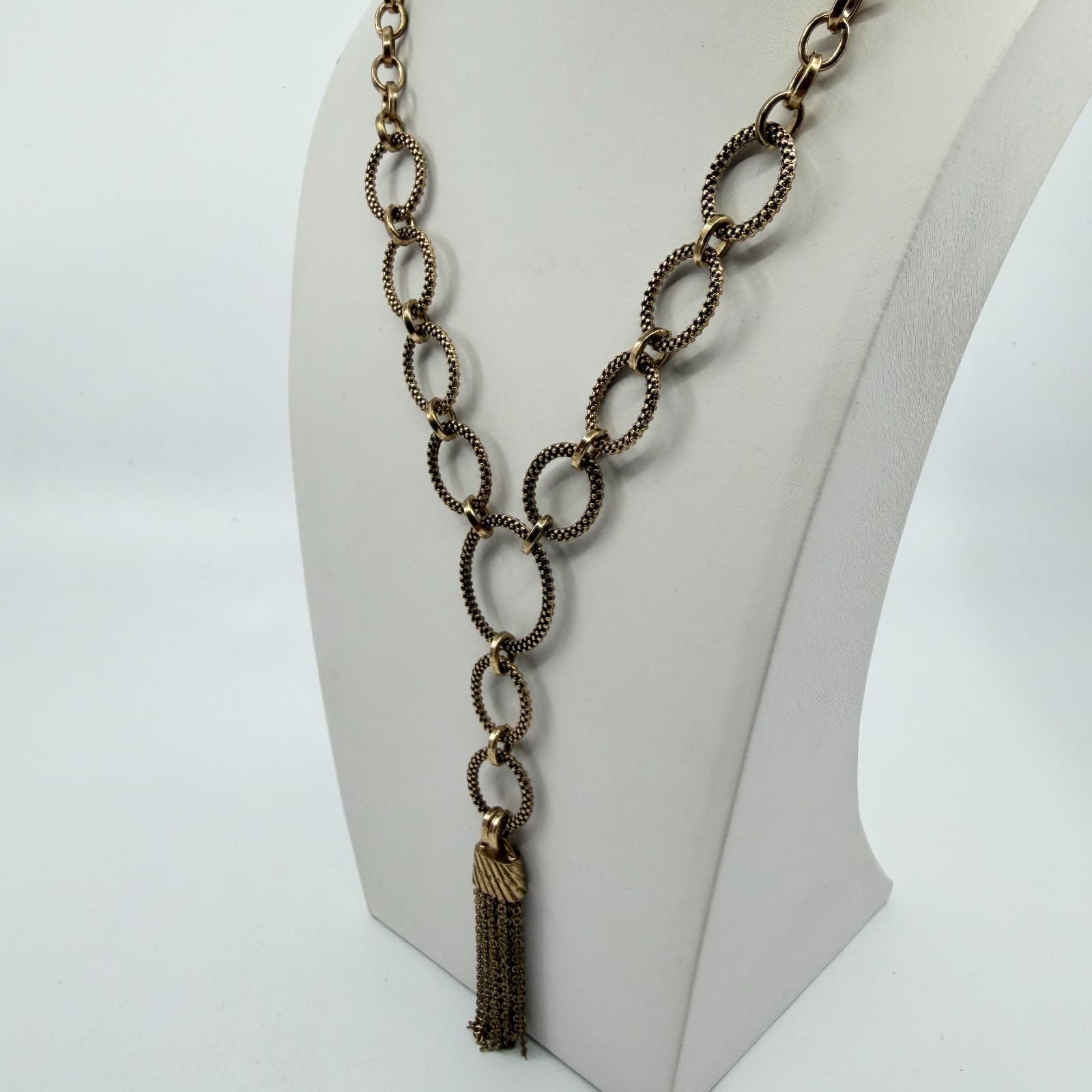 Gold Tone Statement Tassel Necklace Textured Linked Ring Chain Boho Chic Gift - Thumbnail 7