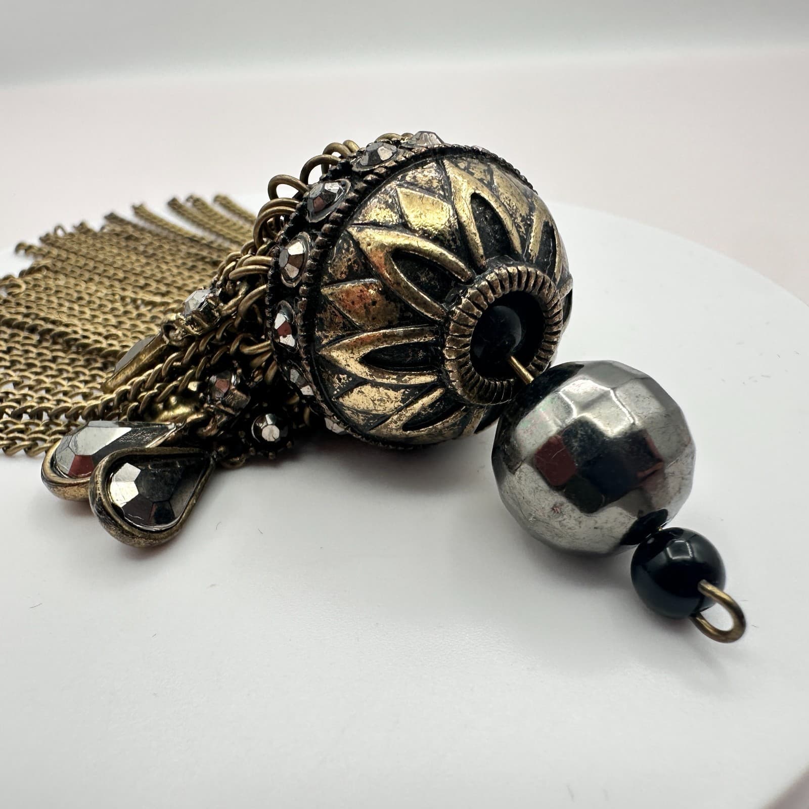 Vintage Antique Brass Dome Chain Tassel Pendant Charm Jhumka Gothic Rhinestone - Thumbnail 5
