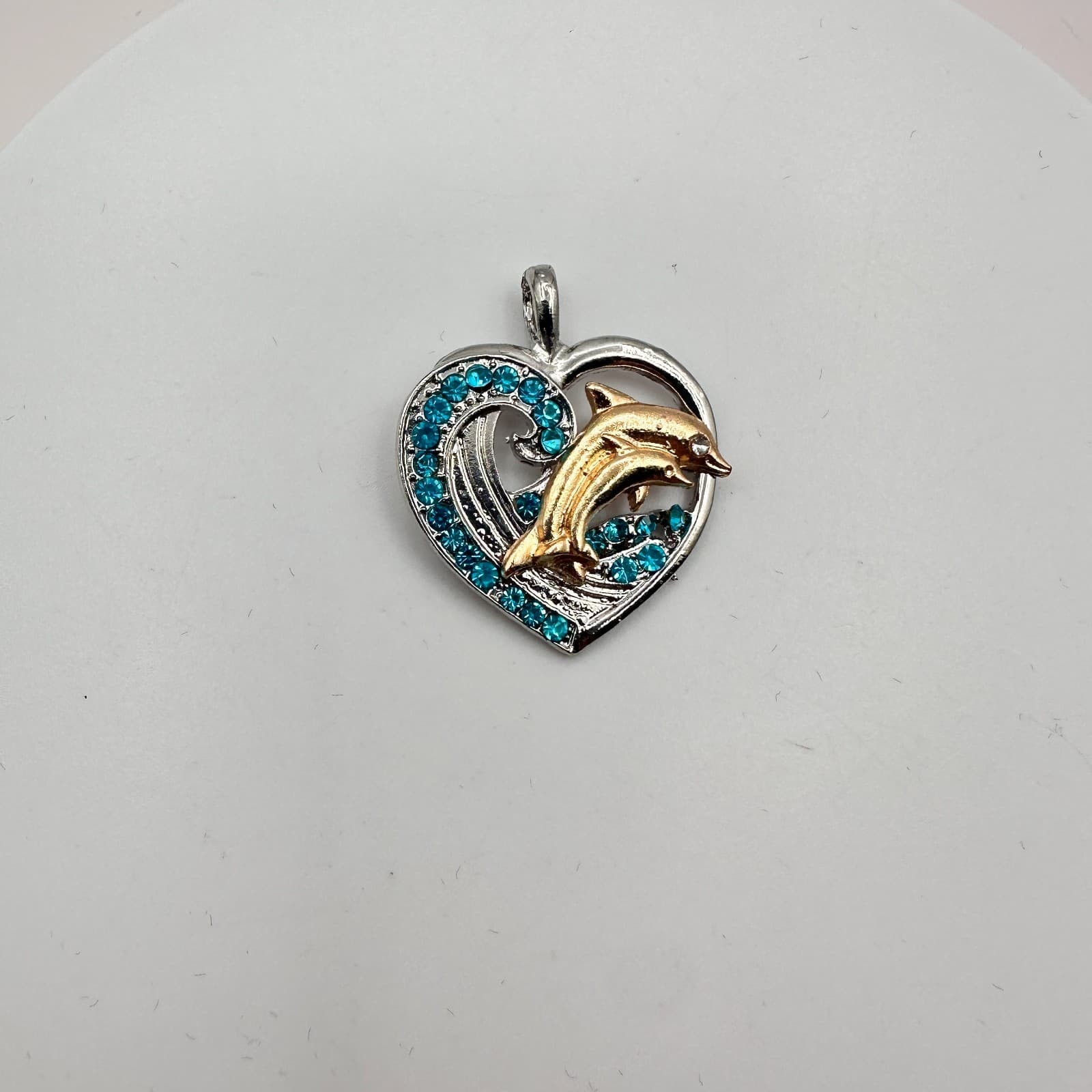 Vintage 90s Silver Tone Dolphin Heart Pendant Blue Rhinestone Women's Jewelry - Thumbnail 3