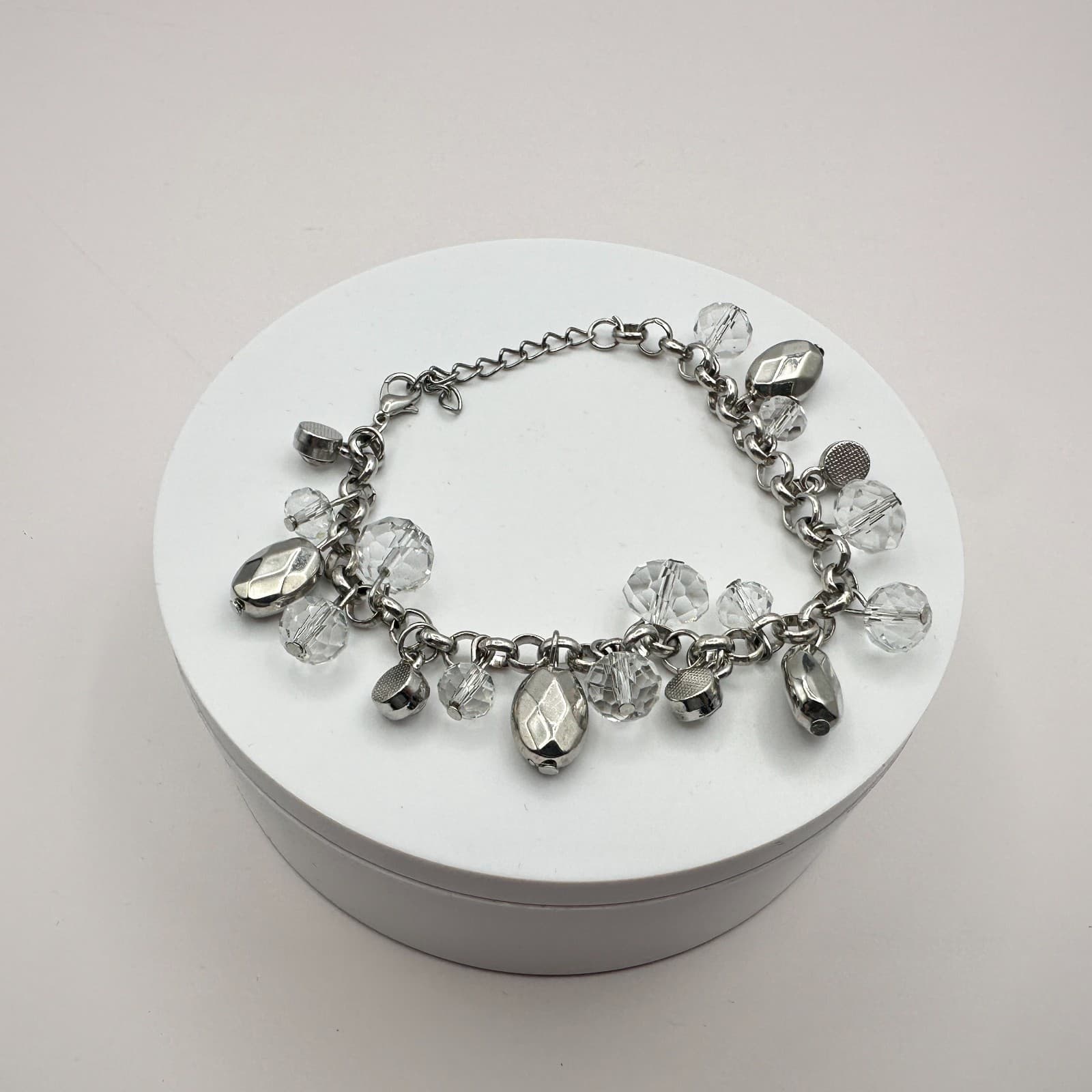 Vintage Y2K Silver Tone Faceted Beaded Charm Bracelet Women's Classic Jewelry - Thumbnail 3
