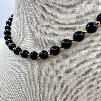 Vintage 90s Monet Black Glass Bead Choker Necklace Gold Tone Spacer Boho Jewelry - Thumbnail 6