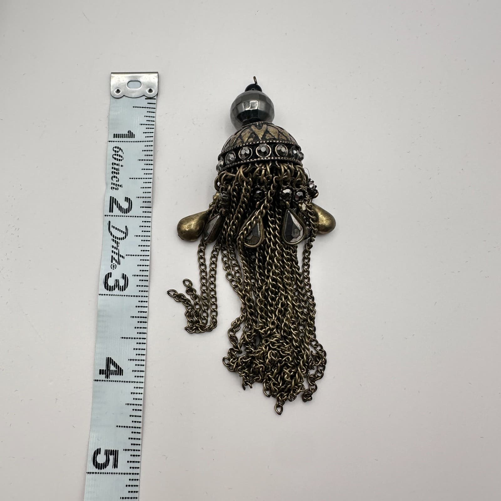 Vintage Antique Brass Dome Chain Tassel Pendant Charm Jhumka Gothic Rhinestone - Thumbnail 8
