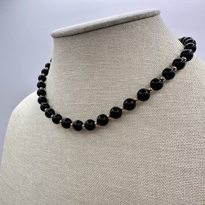 Vintage 90s Monet Black Glass Bead Choker Necklace Gold Tone Spacer Boho Jewelry - Thumbnail 7