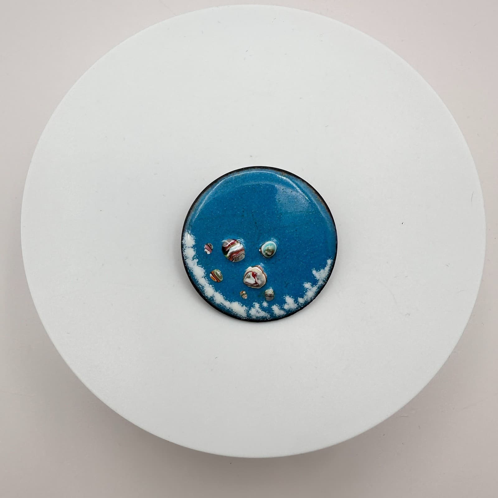 Vintage 70s Blue Enamel Round Brooch Pin Abstract Stone Women's Classic Jewelry - Thumbnail 4