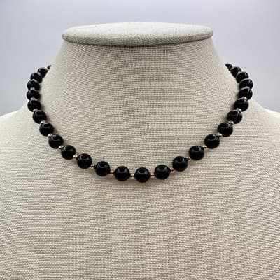 Vintage 90s Monet Black Glass Bead Choker Necklace Gold Tone Spacer Boho Jewelry - Thumbnail 8