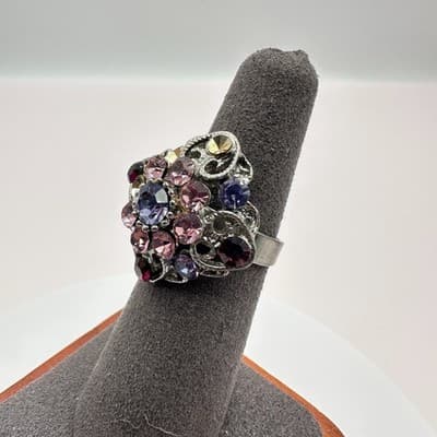 Vintage Y2K Rhinestone Statement Ring Silver Tone Filigree Women's Jewelry