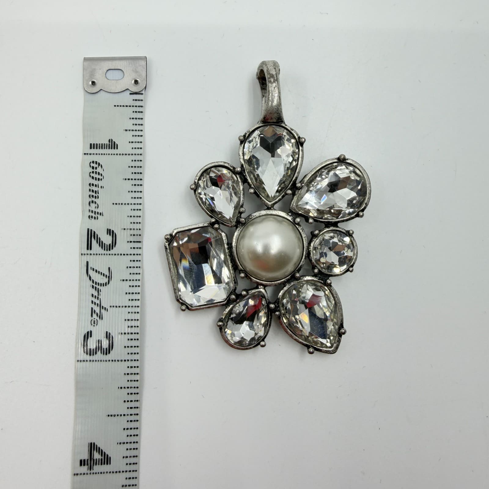 Large Statement Flower Pendant Faux Pearl Clear Crystal Silver Tone Boho Gift - Thumbnail 10