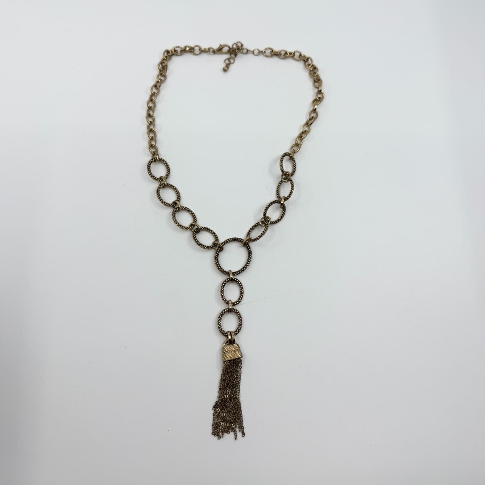 Gold Tone Statement Tassel Necklace Textured Linked Ring Chain Boho Chic Gift - Thumbnail 13