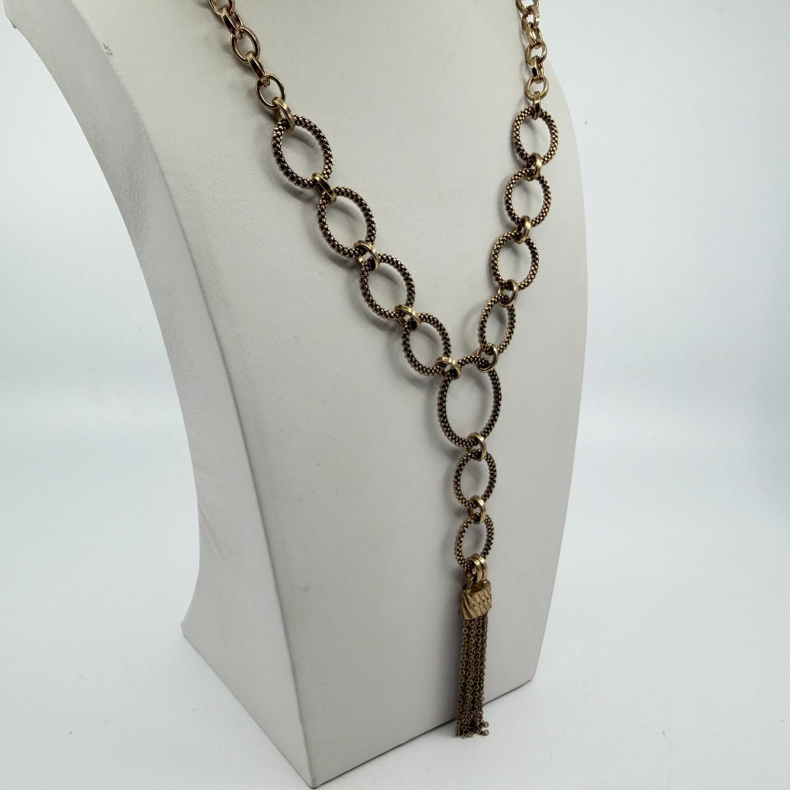Gold Tone Statement Tassel Necklace Textured Linked Ring Chain Boho Chic Gift - Thumbnail 5