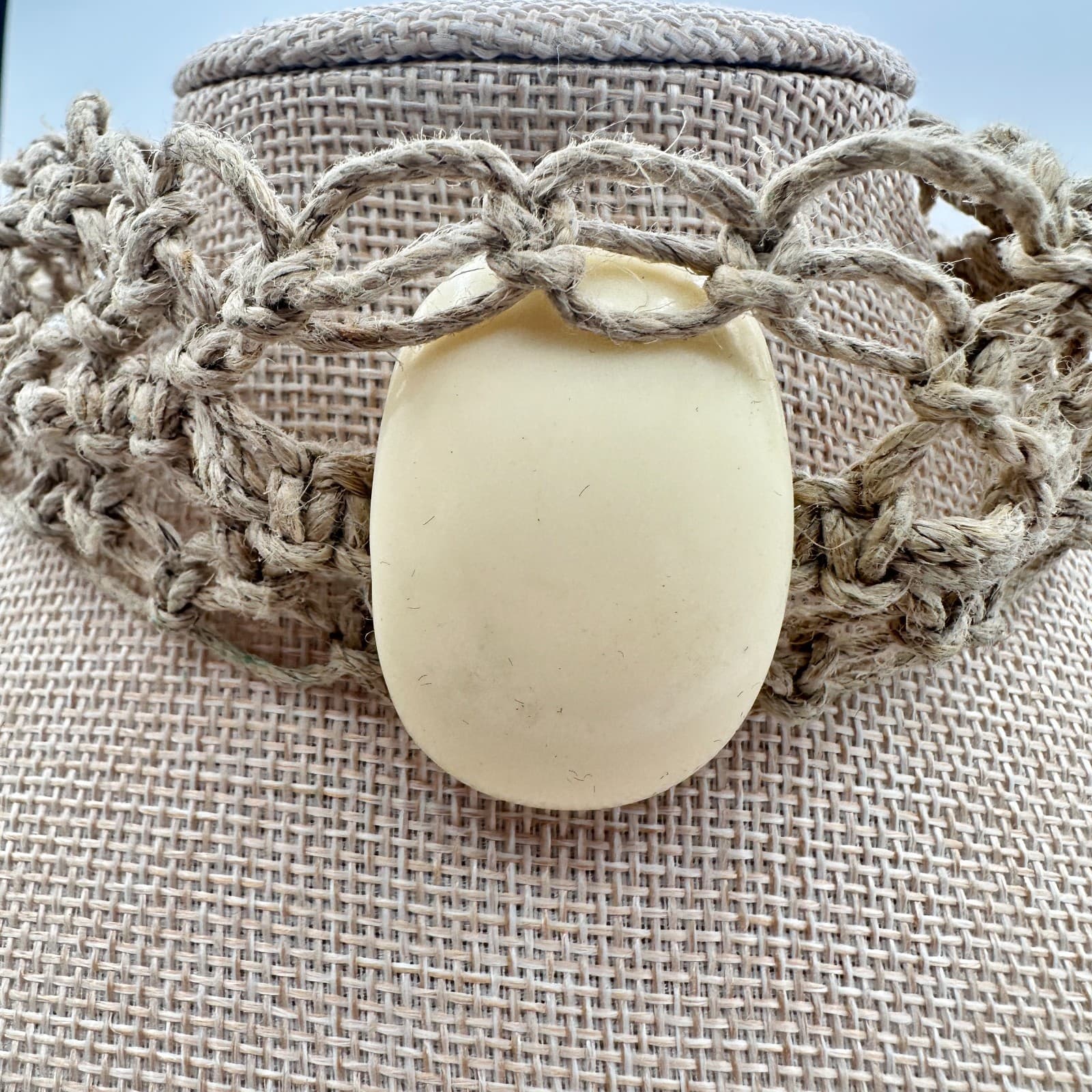 Vintage Y2K Cream Tagua Nut Stone Macrame Hemp Woven Choker Necklace Jewelry 90s - Thumbnail 5