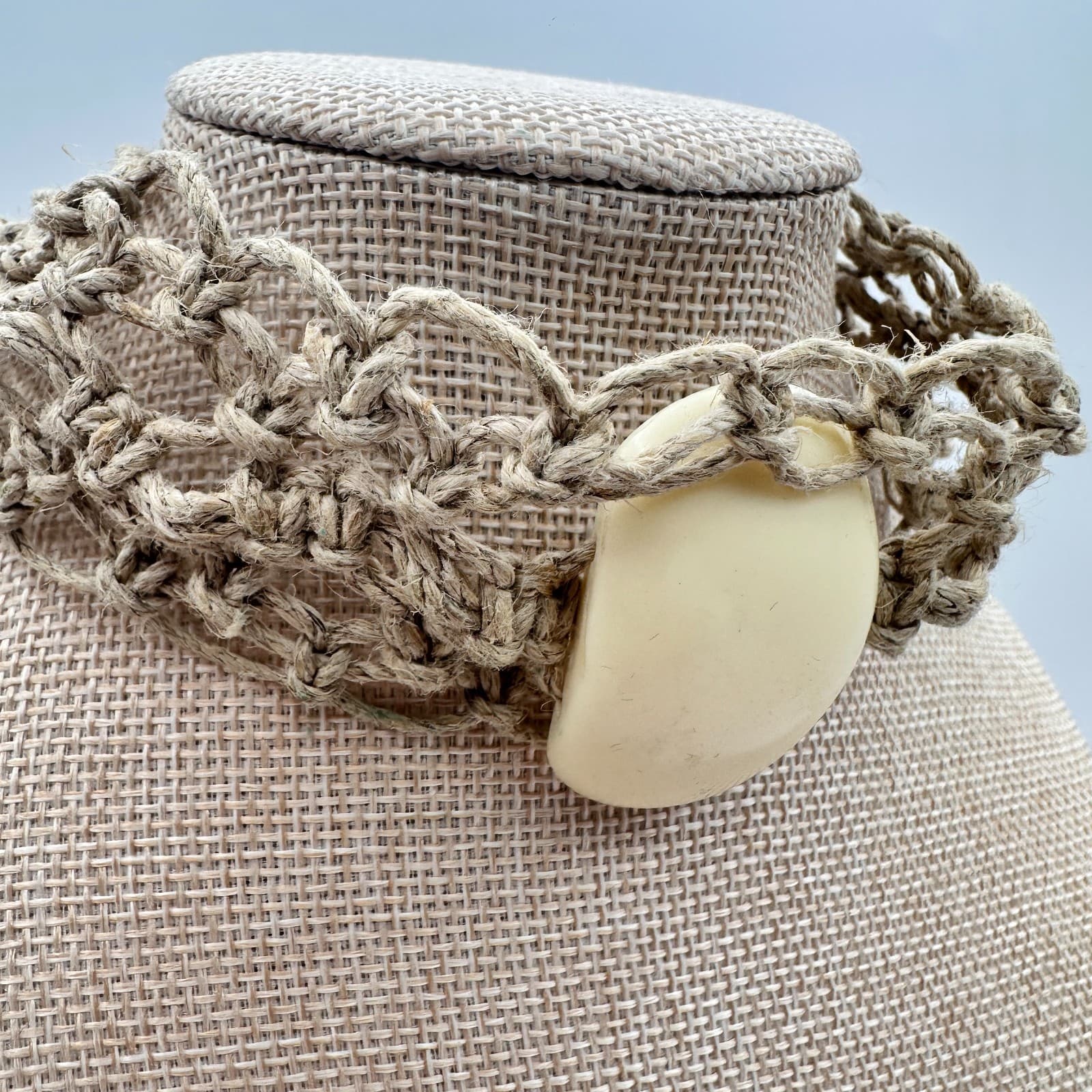 Vintage Y2K Cream Tagua Nut Stone Macrame Hemp Woven Choker Necklace Jewelry 90s - Thumbnail 3