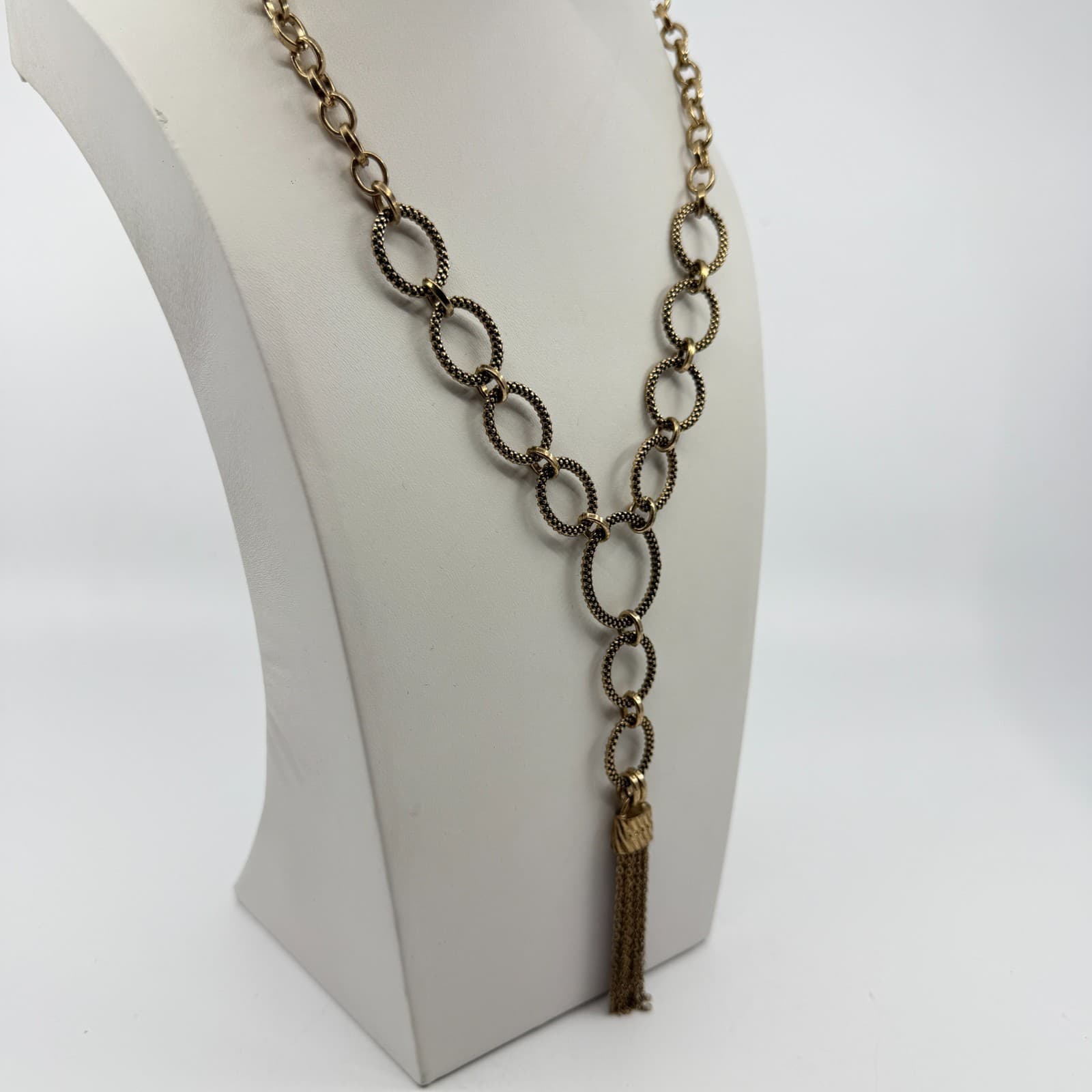 Gold Tone Statement Tassel Necklace Textured Linked Ring Chain Boho Chic Gift - Thumbnail 6