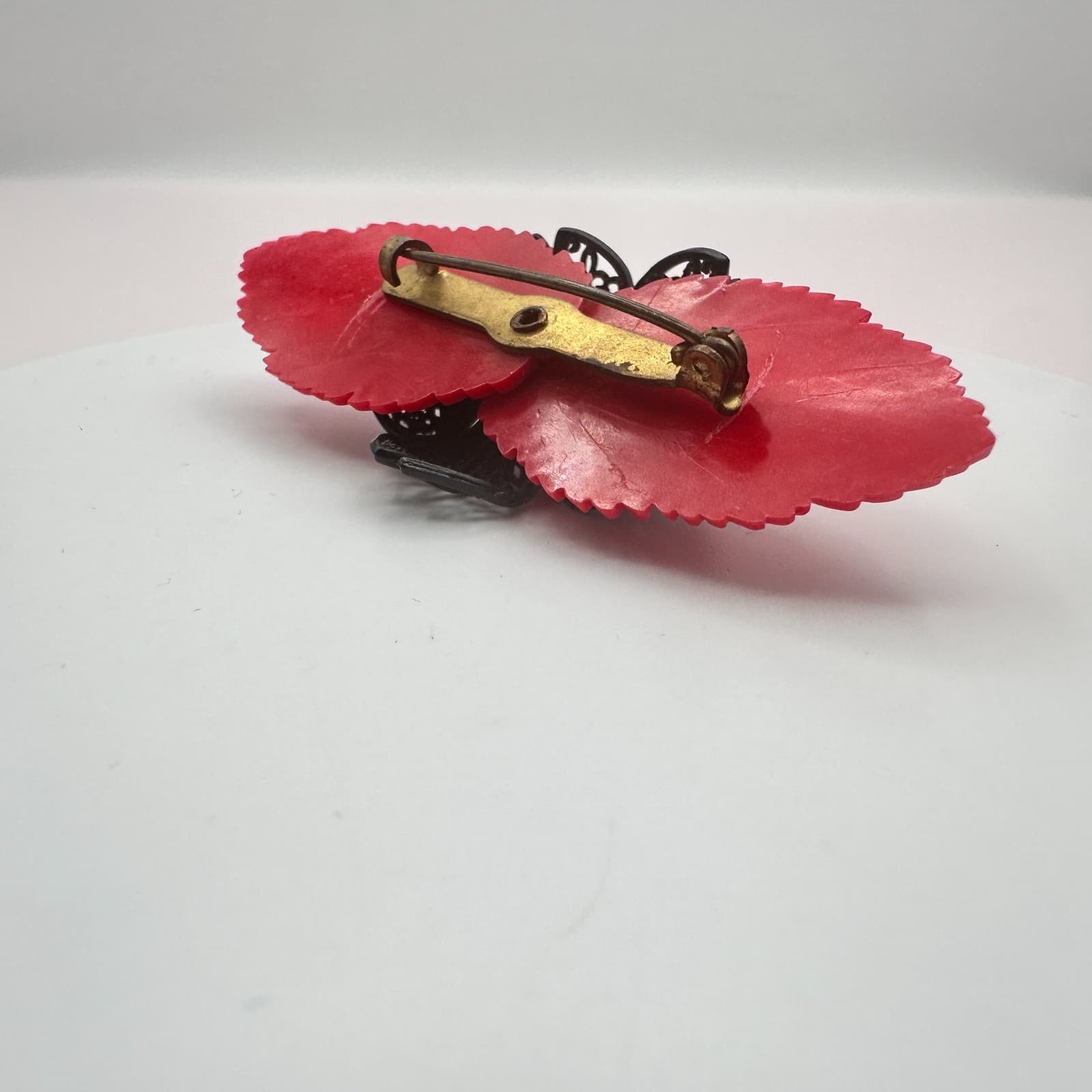Vintage 50s Red Leaf Filigree Flower Pearl Brooch Pin Women's Classic Jewelry - Thumbnail 4