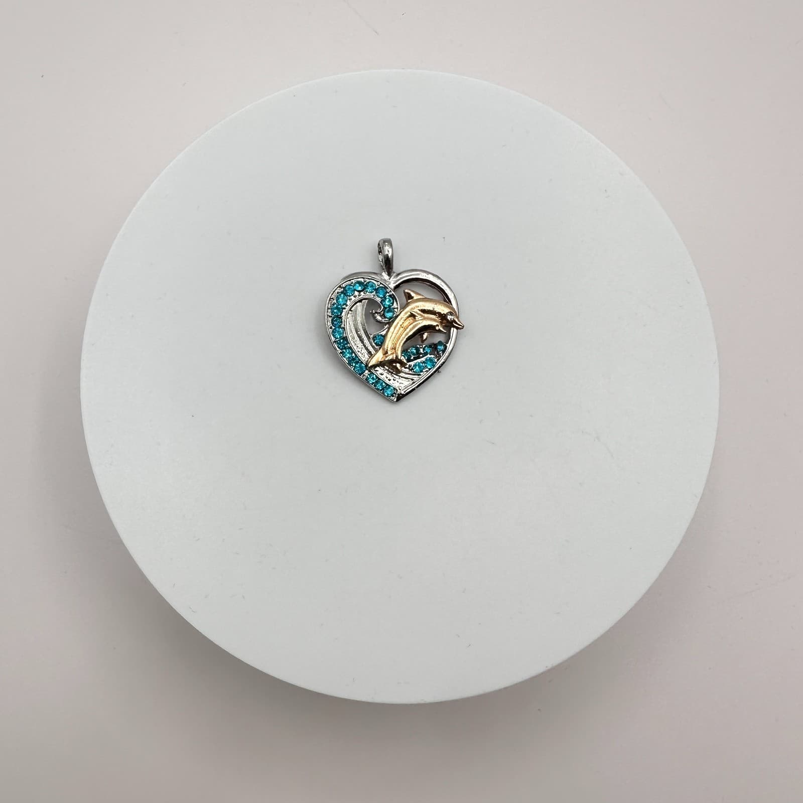 Vintage 90s Silver Tone Dolphin Heart Pendant Blue Rhinestone Women's Jewelry - Thumbnail 2