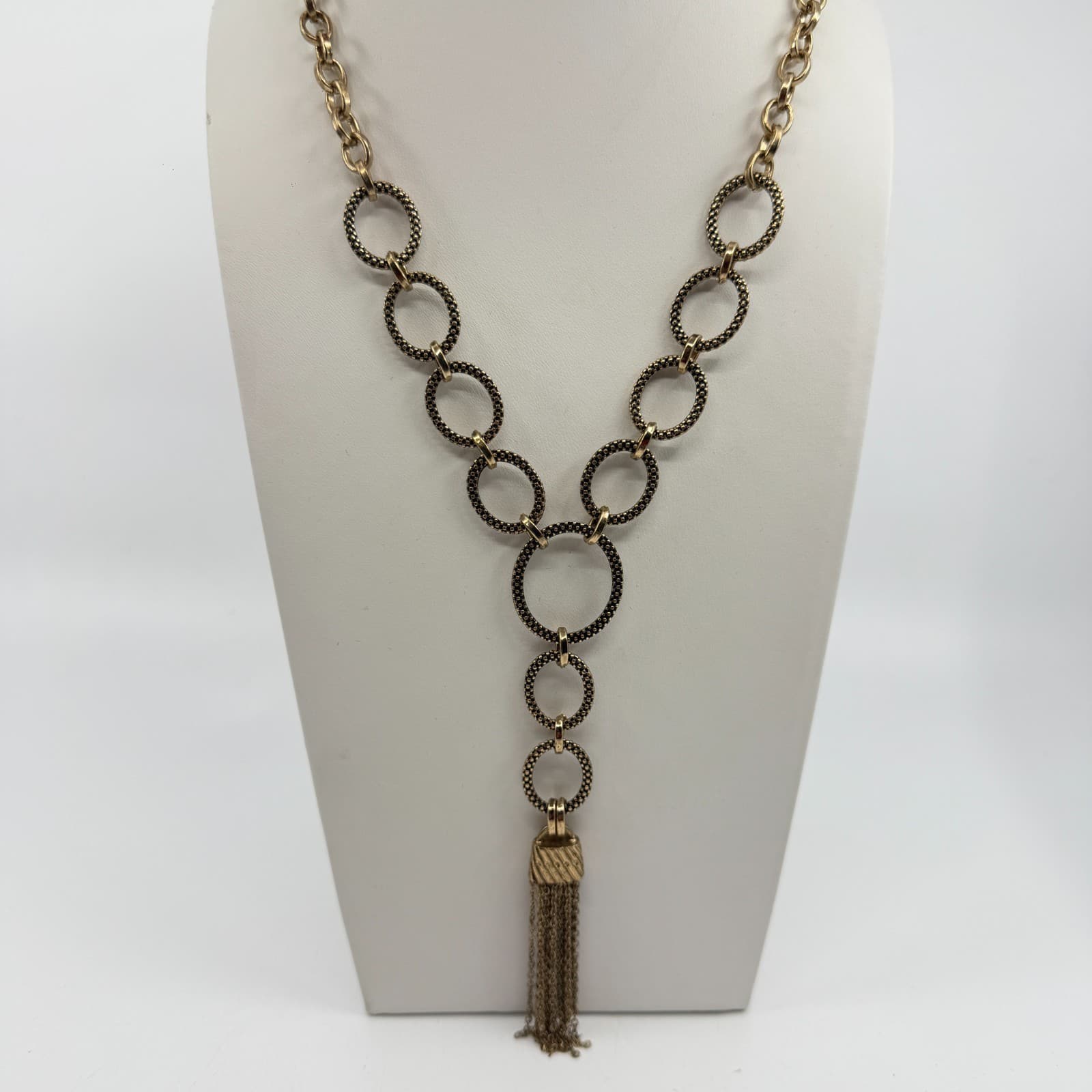 Gold Tone Statement Tassel Necklace Textured Linked Ring Chain Boho Chic Gift - Thumbnail 11