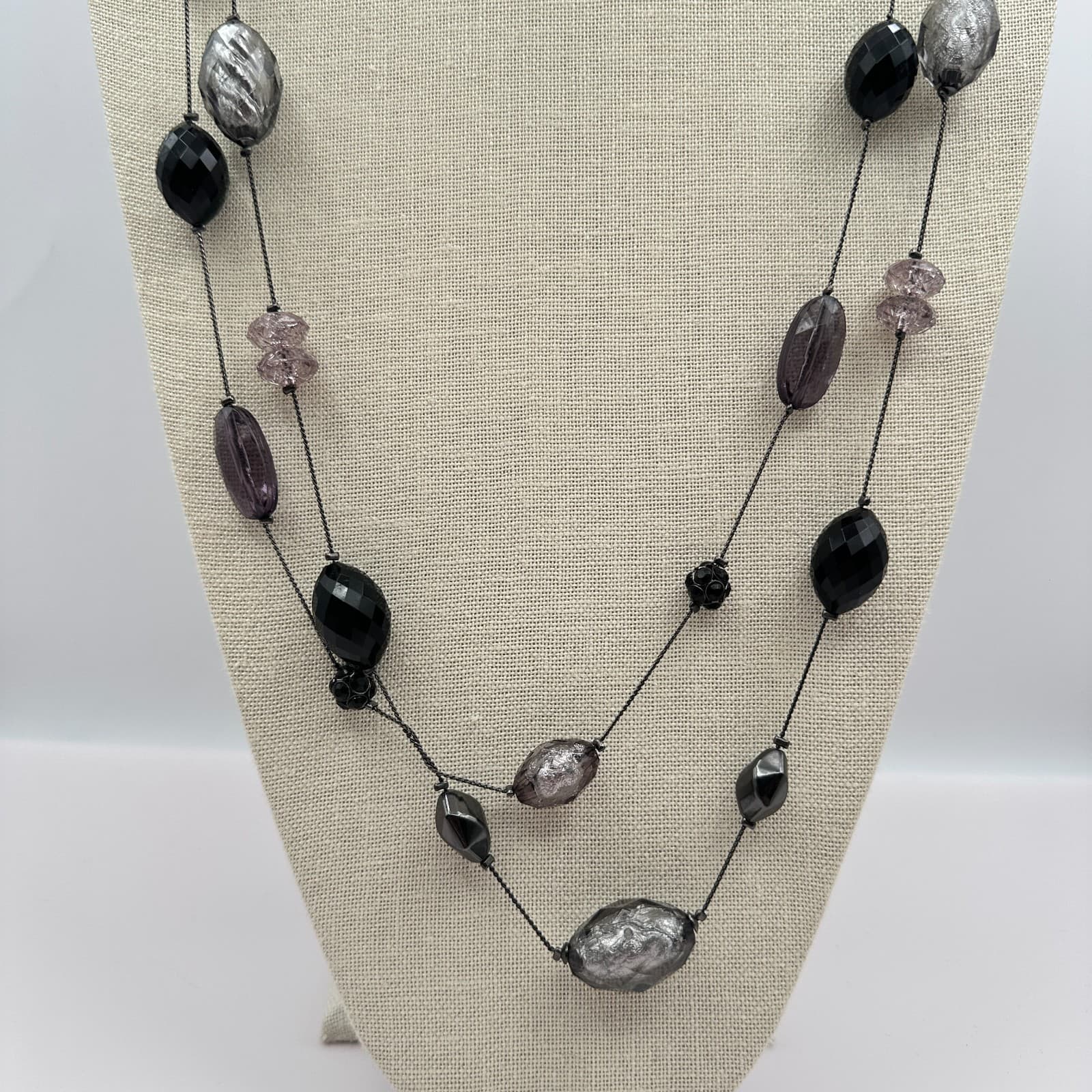 Vintage 90s Double Strand Multi-color Bead Necklace Silver Tone Women's Jewelry - Thumbnail 2