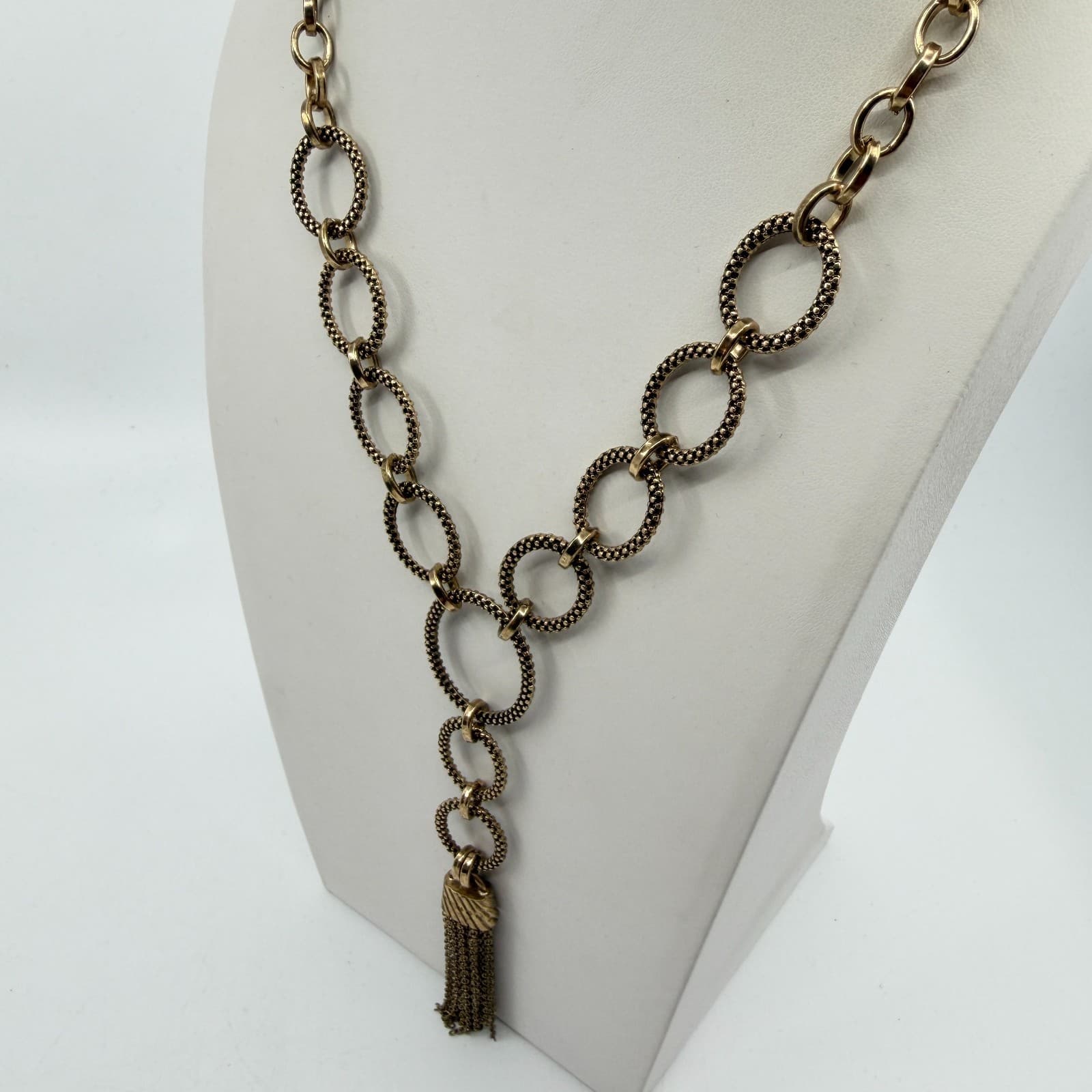 Gold Tone Statement Tassel Necklace Textured Linked Ring Chain Boho Chic Gift - Thumbnail 8