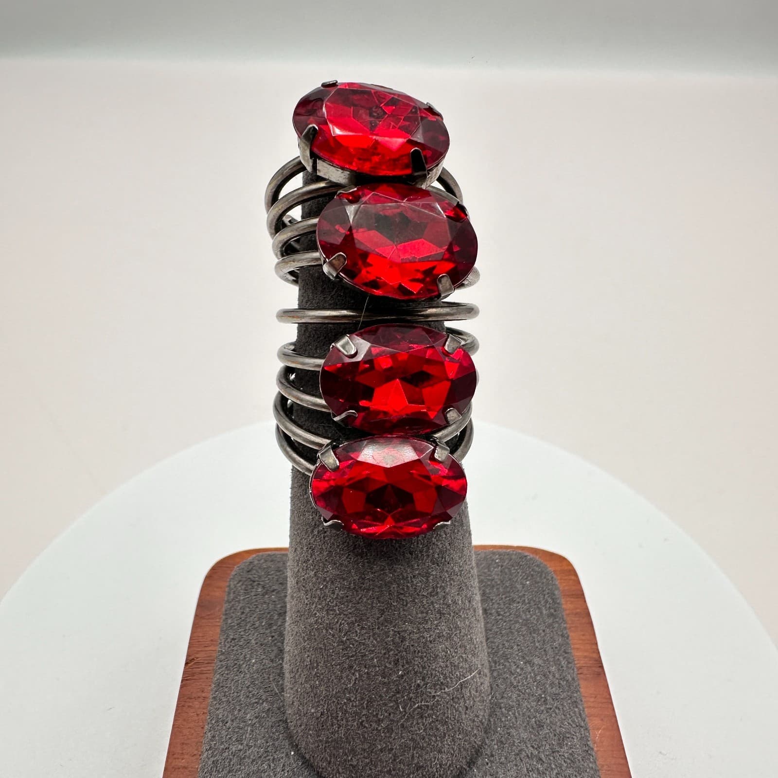 Vintage 90s Silver Tone Red Rhinestone Chunky Coil Spiral Ring Women's Jewelry