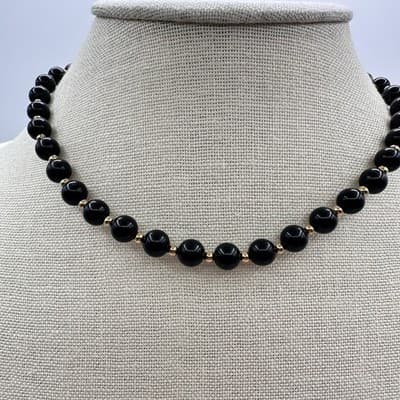 Vintage 90s Monet Black Glass Bead Choker Necklace Gold Tone Spacer Boho Jewelry - Thumbnail 2