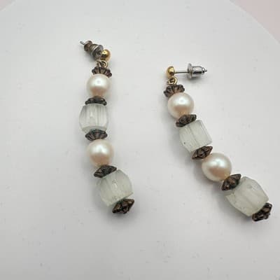 Vintage Y2K Faux Pearl Frosted Beaded Dangle Earrings Women's Classic Jewelry - Thumbnail 4