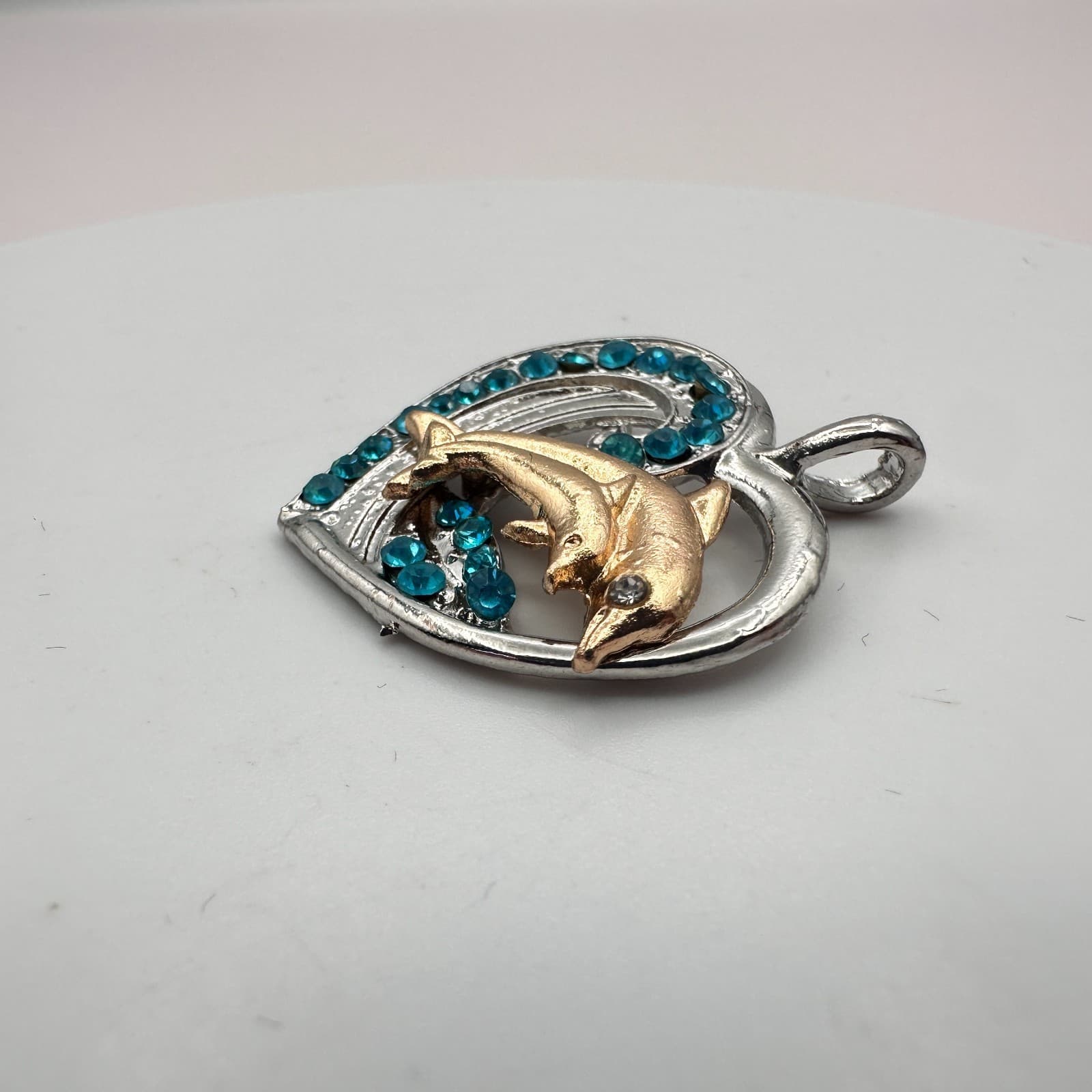 Vintage 90s Silver Tone Dolphin Heart Pendant Blue Rhinestone Women's Jewelry - Thumbnail 6