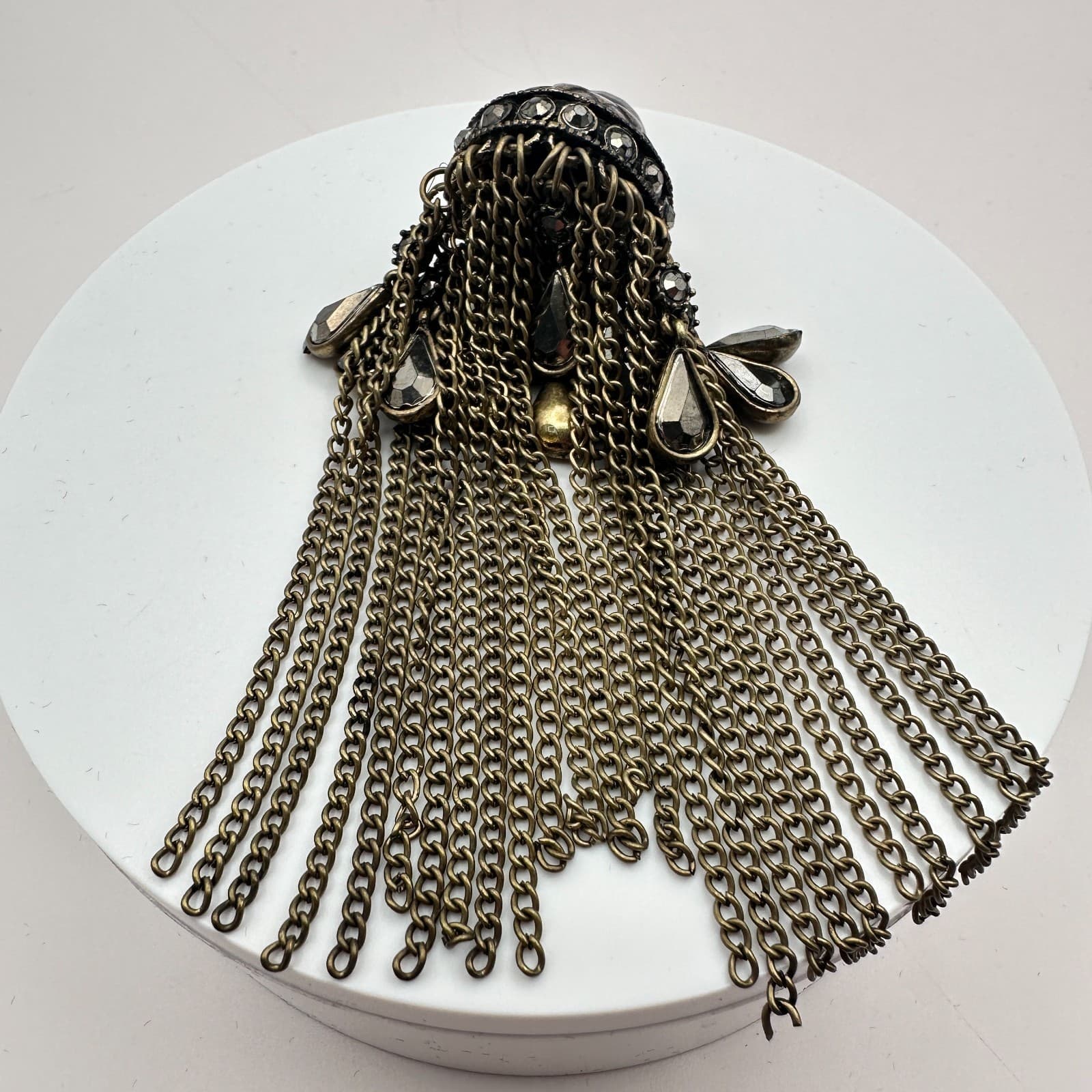 Vintage Antique Brass Dome Chain Tassel Pendant Charm Jhumka Gothic Rhinestone - Thumbnail 2
