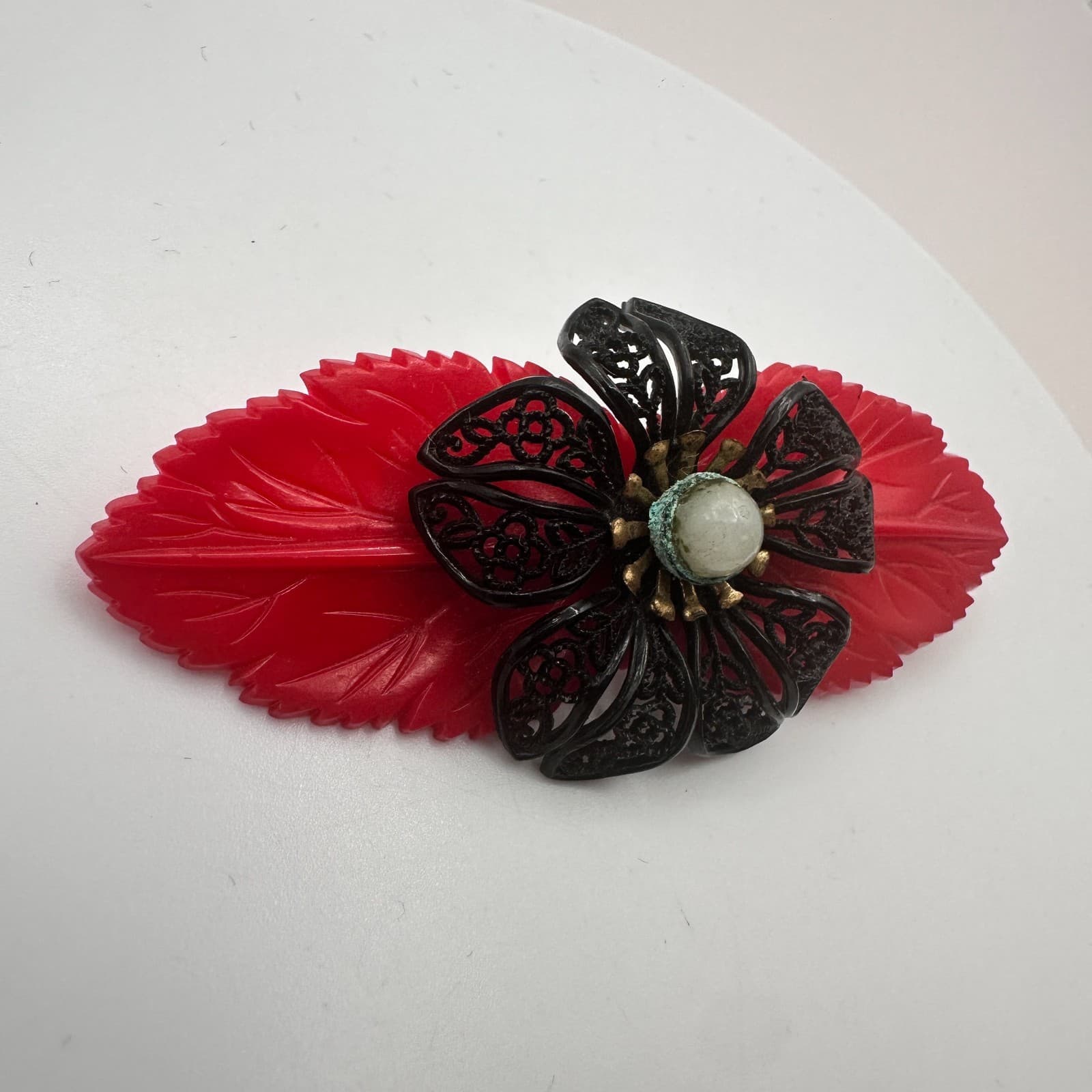 Vintage 50s Red Leaf Filigree Flower Pearl Brooch Pin Women's Classic Jewelry - Thumbnail 2