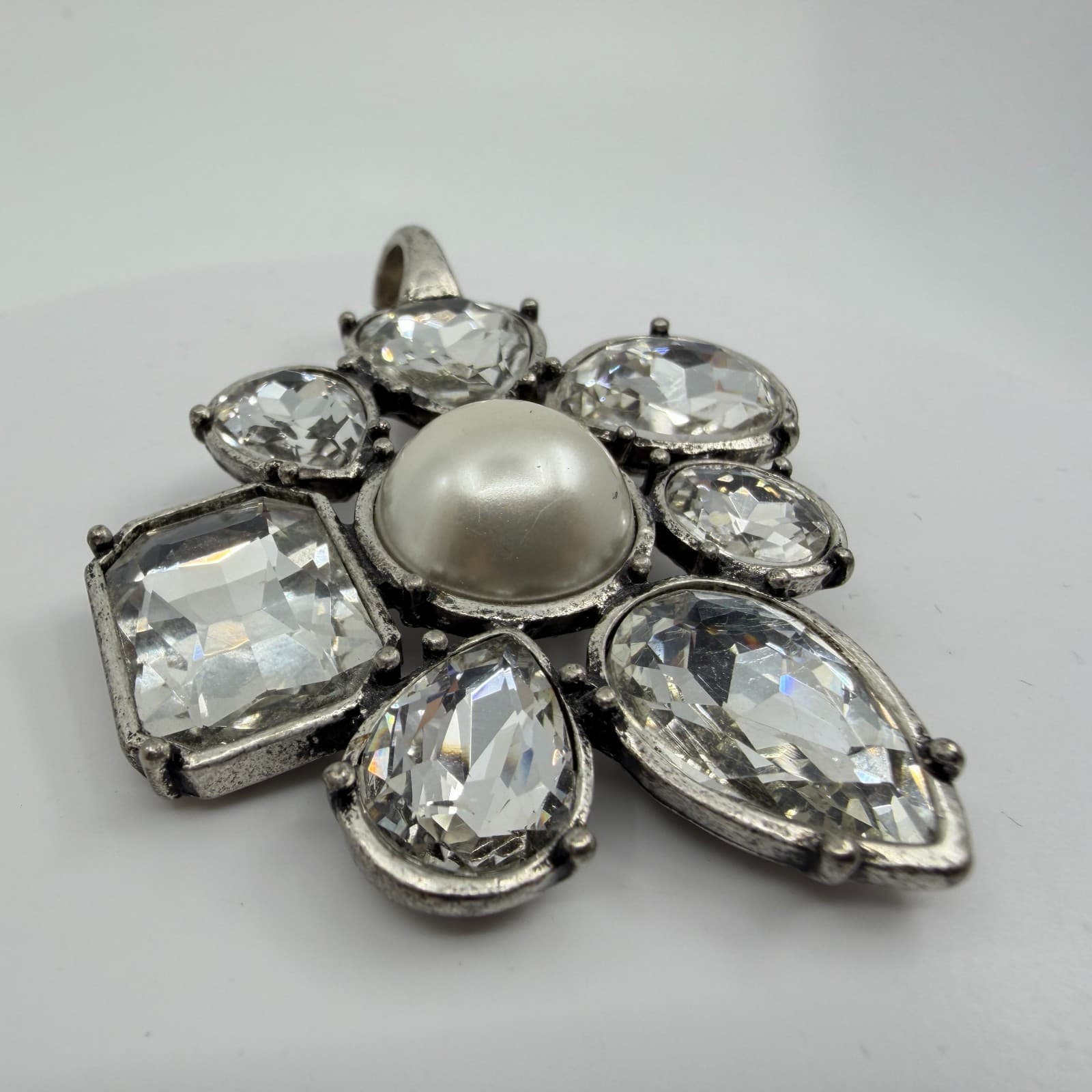 Large Statement Flower Pendant Faux Pearl Clear Crystal Silver Tone Boho Gift - Thumbnail 5