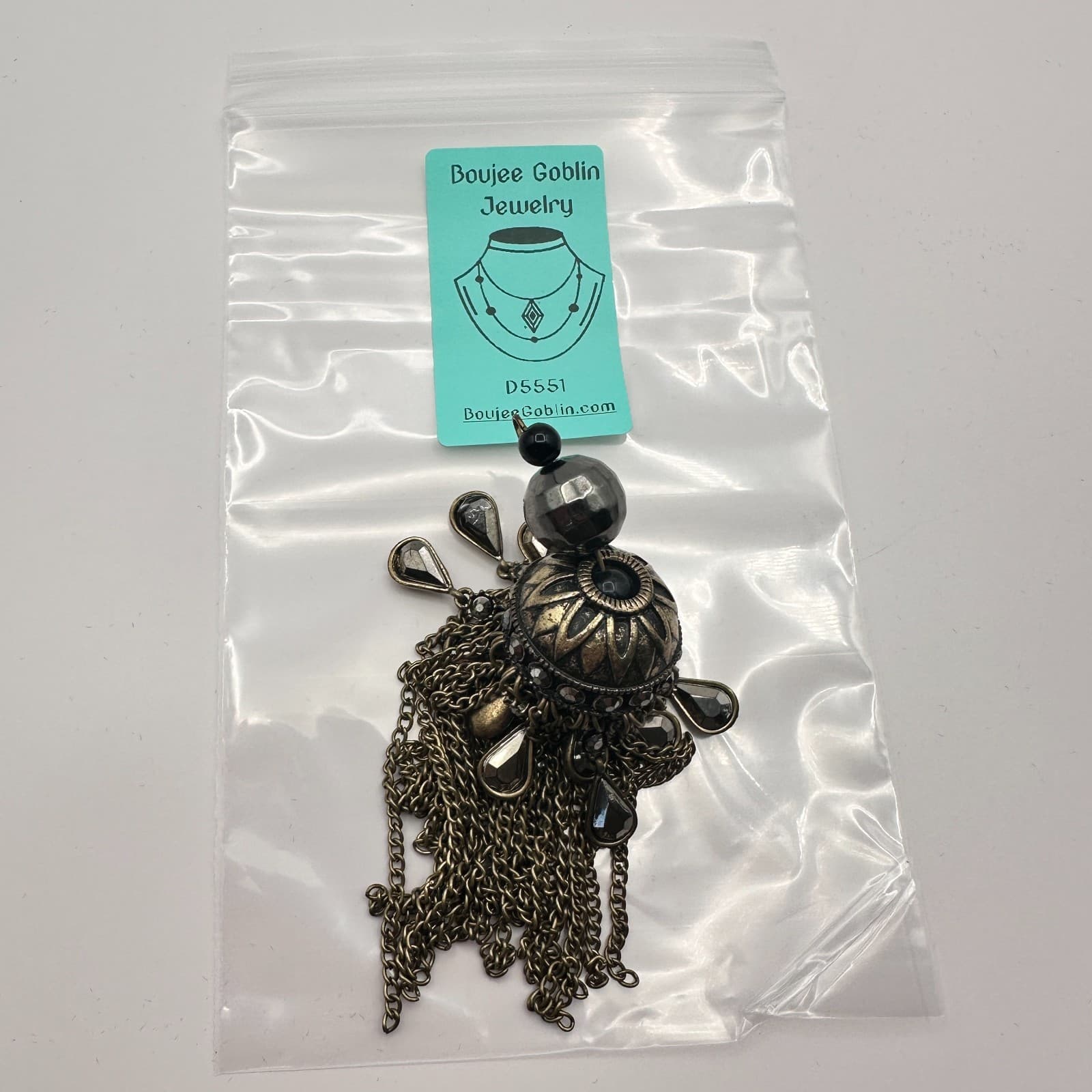 Vintage Antique Brass Dome Chain Tassel Pendant Charm Jhumka Gothic Rhinestone - Thumbnail 7