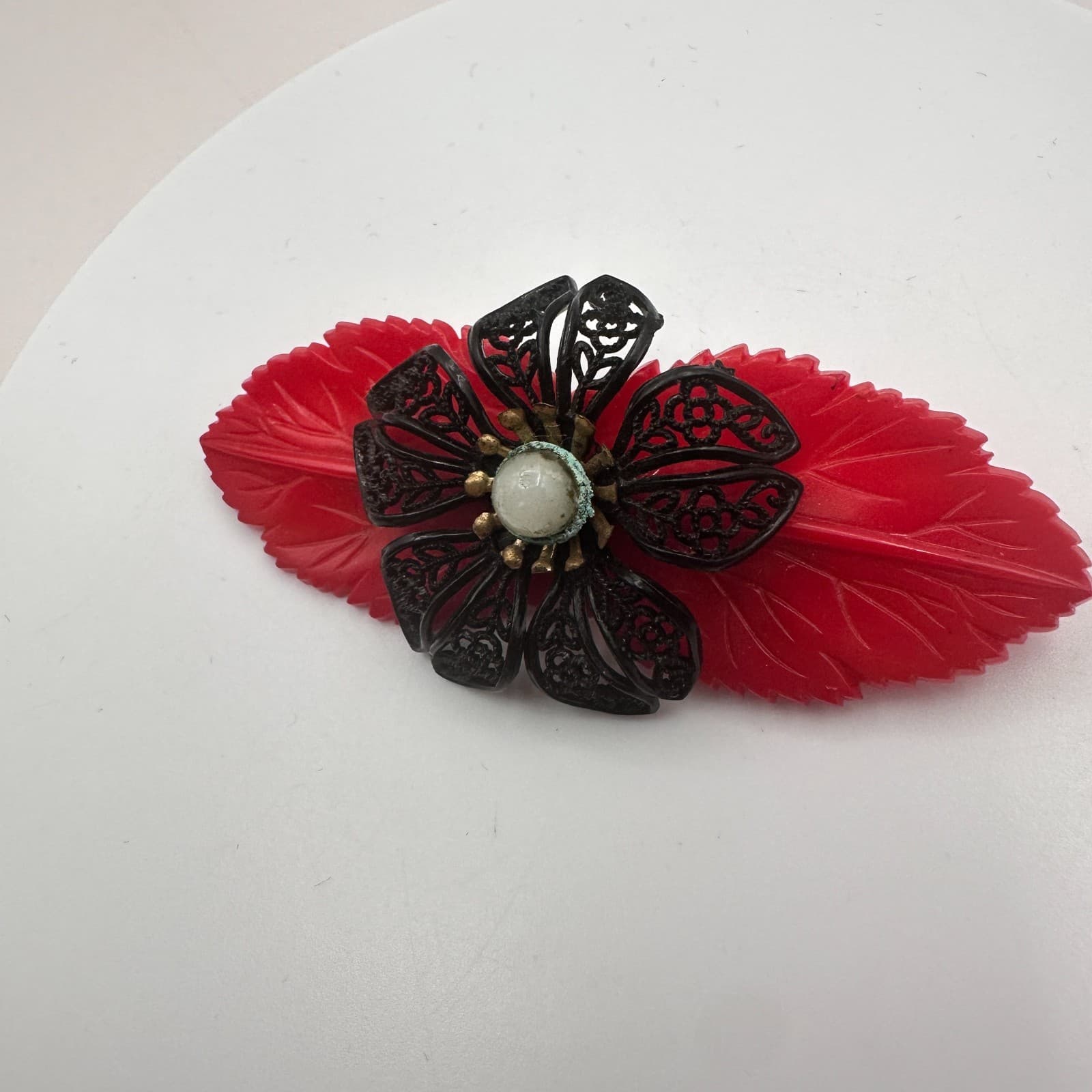 Vintage 50s Red Leaf Filigree Flower Pearl Brooch Pin Women's Classic Jewelry - Thumbnail 3