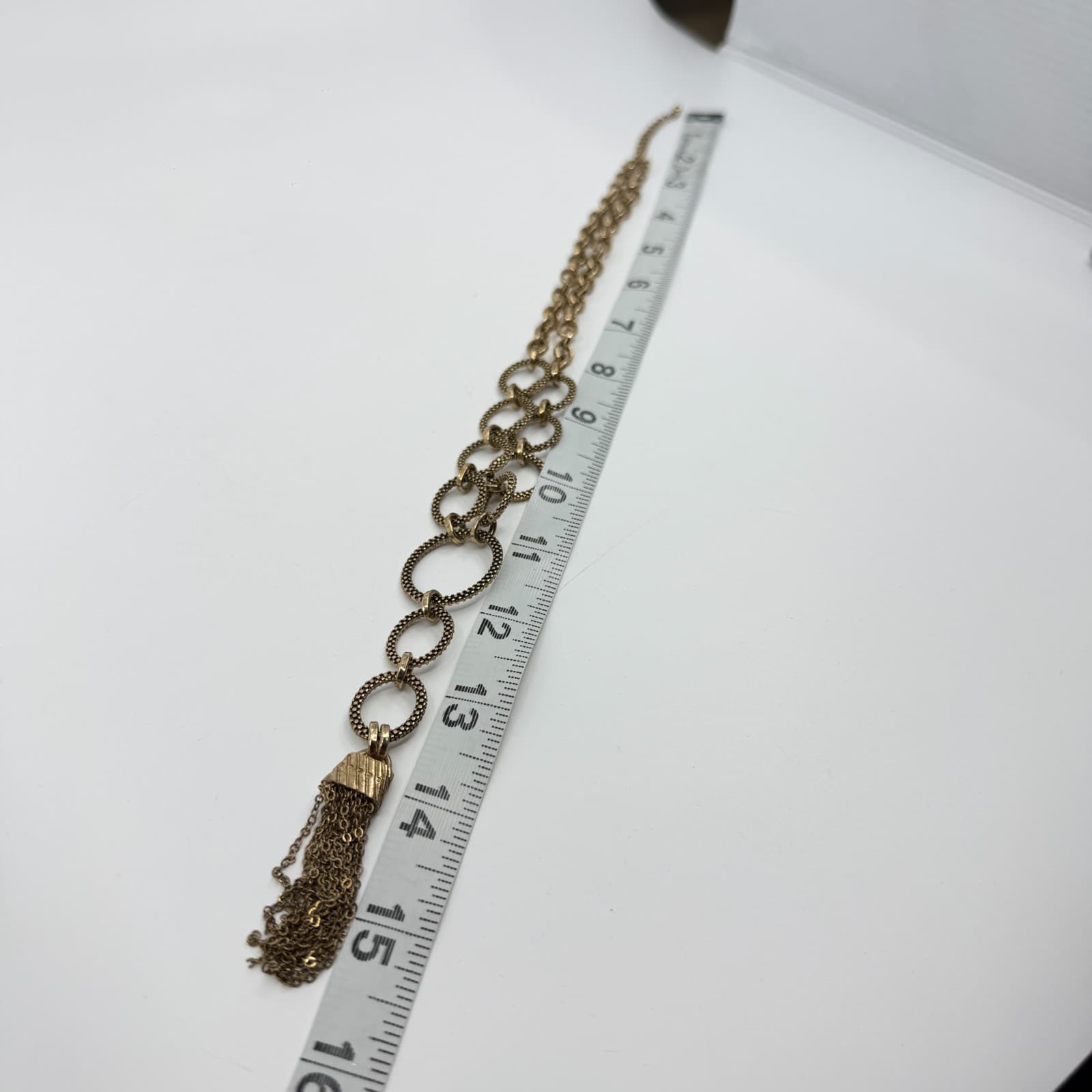 Gold Tone Statement Tassel Necklace Textured Linked Ring Chain Boho Chic Gift - Thumbnail 14