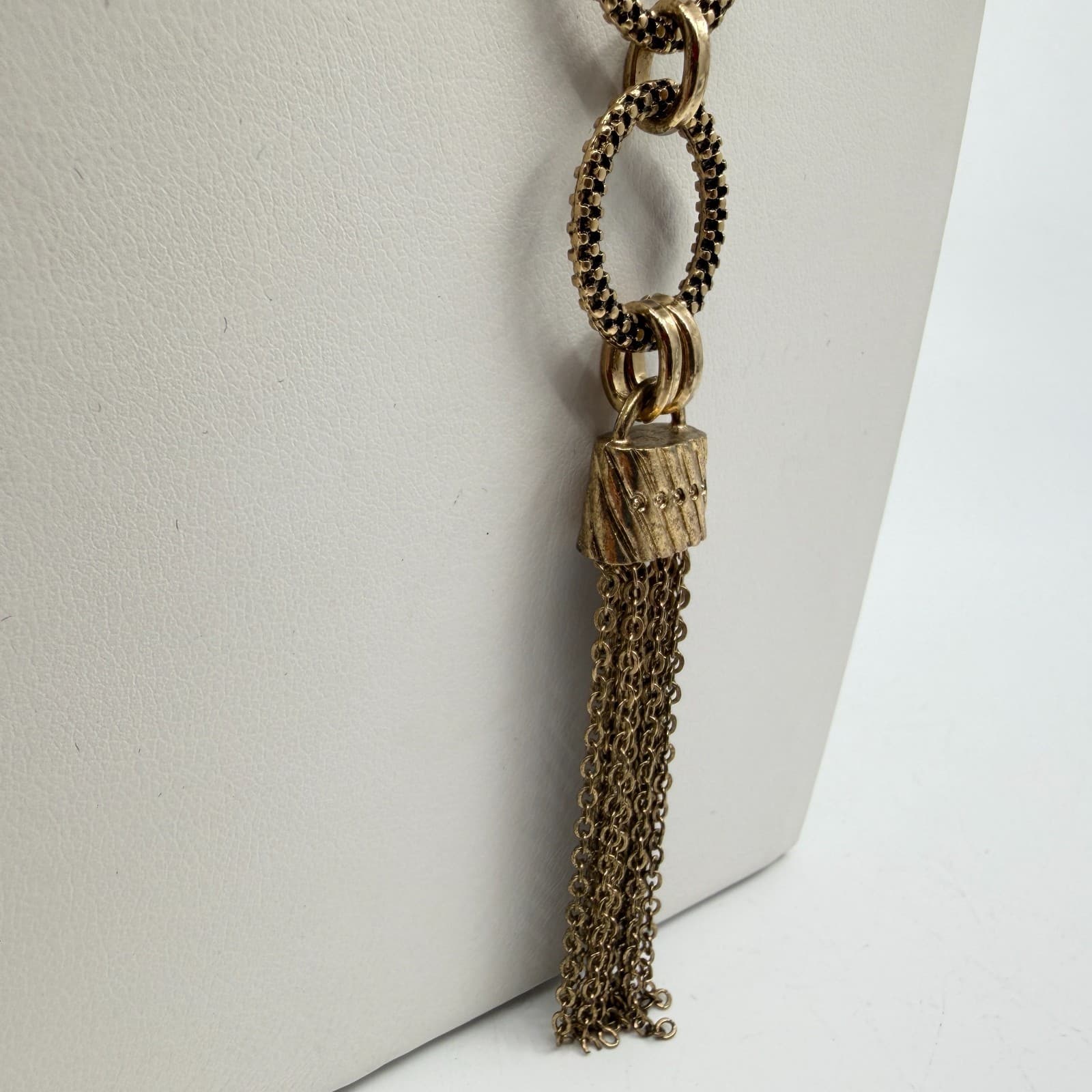 Gold Tone Statement Tassel Necklace Textured Linked Ring Chain Boho Chic Gift - Thumbnail 4