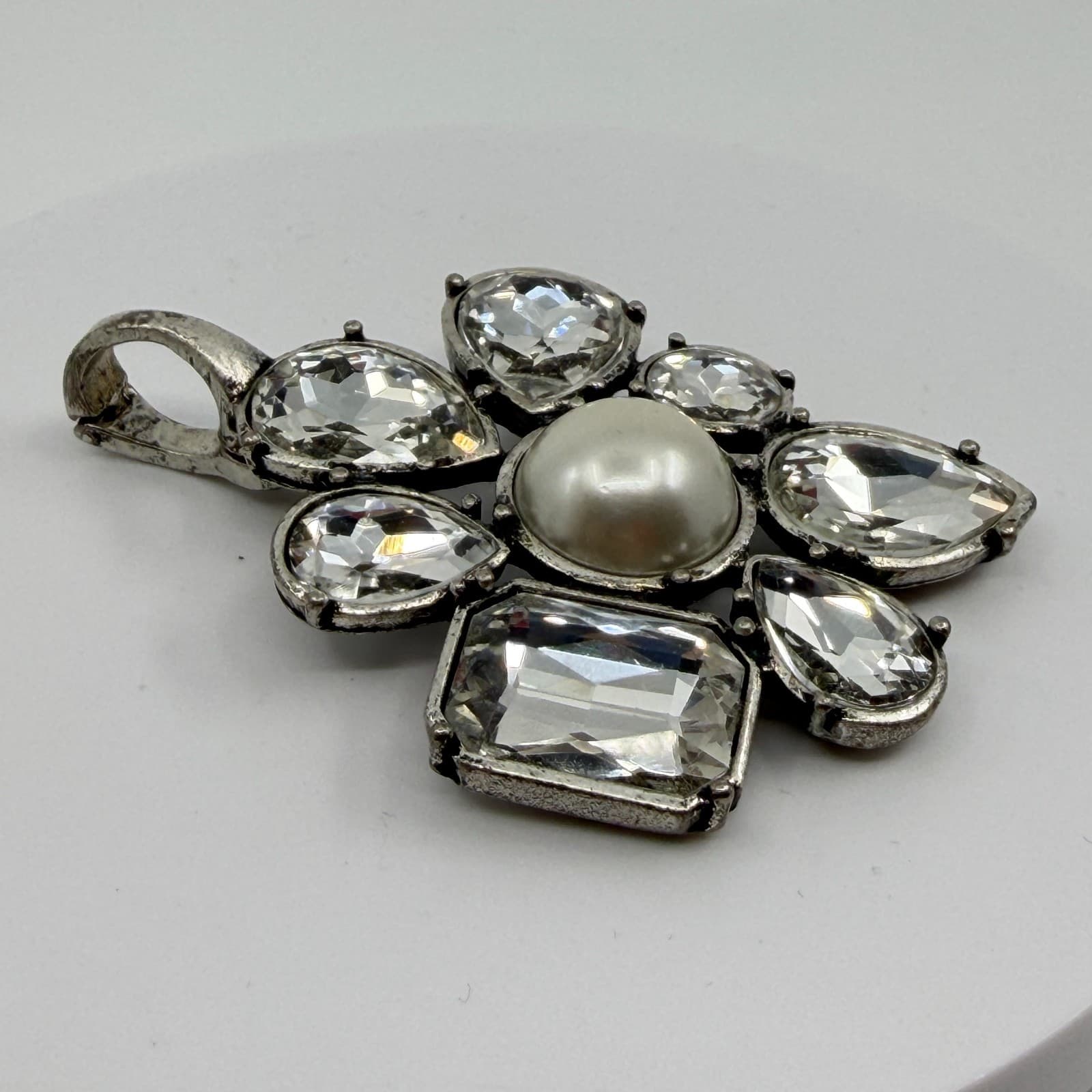 Large Statement Flower Pendant Faux Pearl Clear Crystal Silver Tone Boho Gift - Thumbnail 9