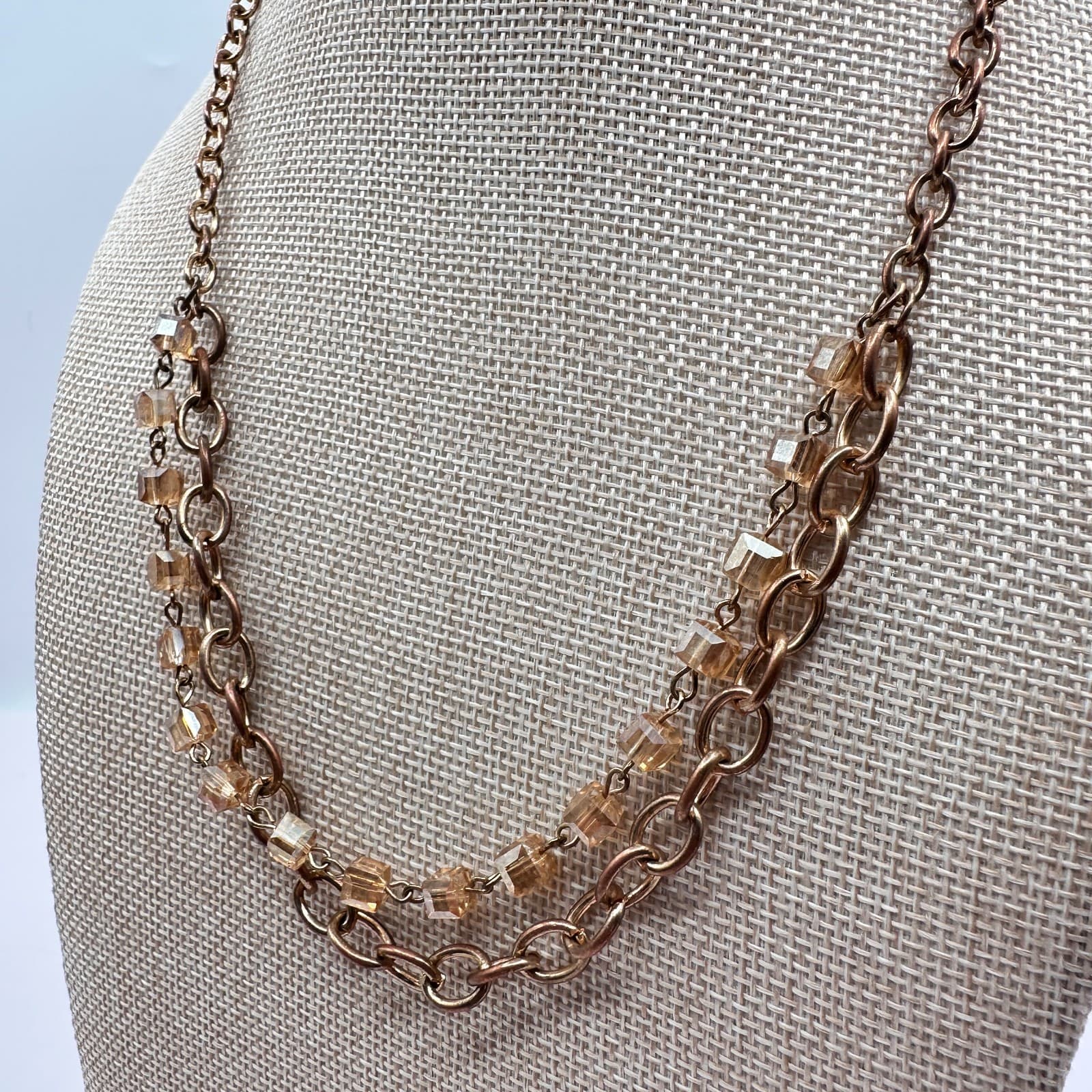 Vintage 90s Gold Tone Double Strand Glass Cube Necklace Women's Classic Jewelry - Thumbnail 8