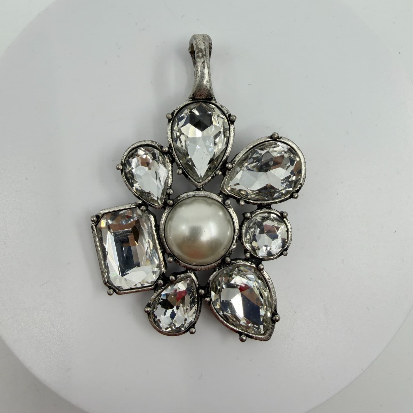 Large Statement Flower Pendant Faux Pearl Clear Crystal Silver Tone Boho Gift - Thumbnail 2