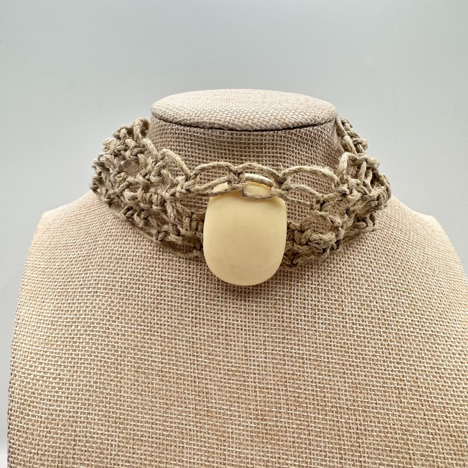 Vintage Y2K Cream Tagua Nut Stone Macrame Hemp Woven Choker Necklace Jewelry 90s - Thumbnail 7
