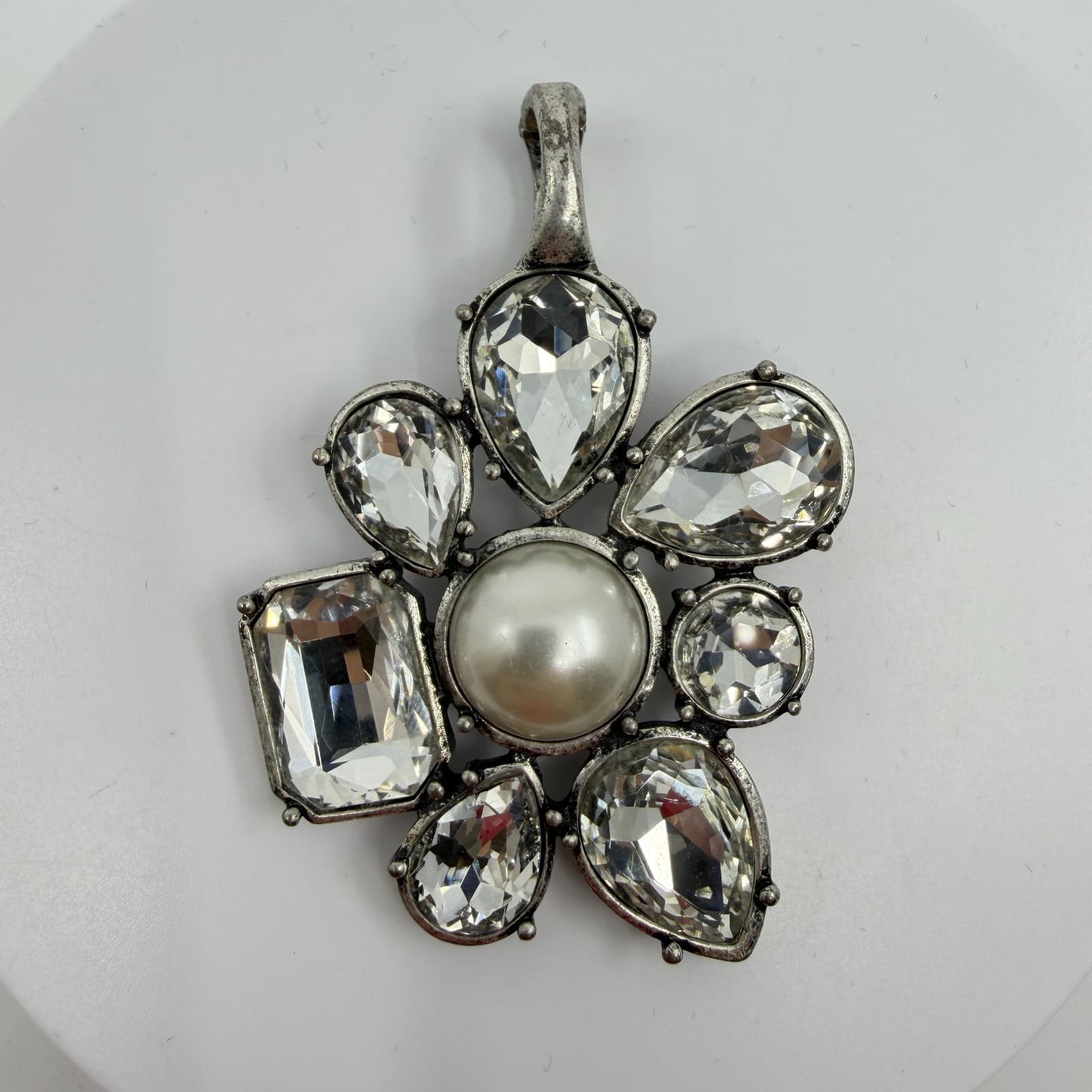 Large Statement Flower Pendant Faux Pearl Clear Crystal Silver Tone Boho Gift - Thumbnail 4