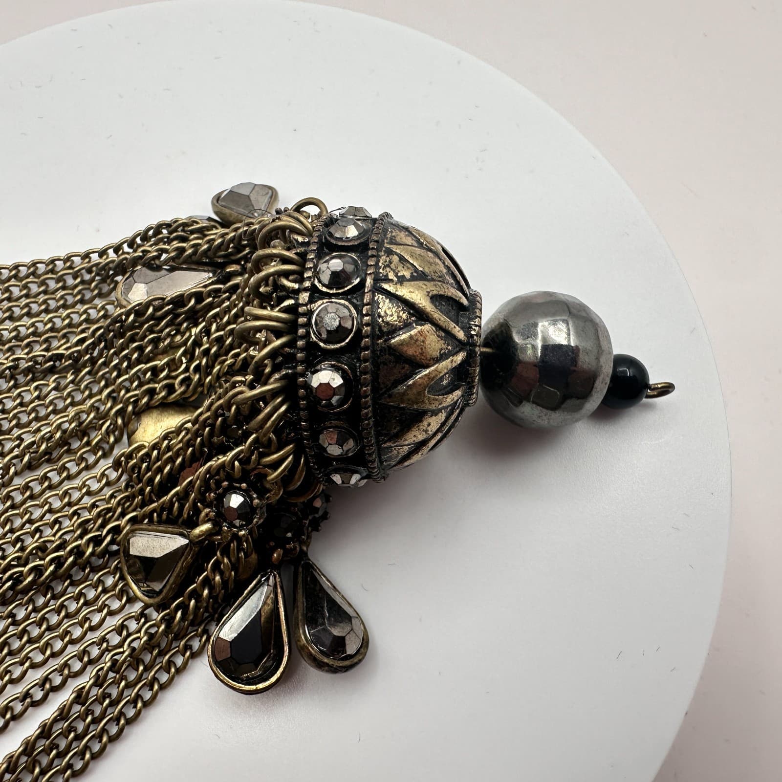 Vintage Antique Brass Dome Chain Tassel Pendant Charm Jhumka Gothic Rhinestone - Thumbnail 4