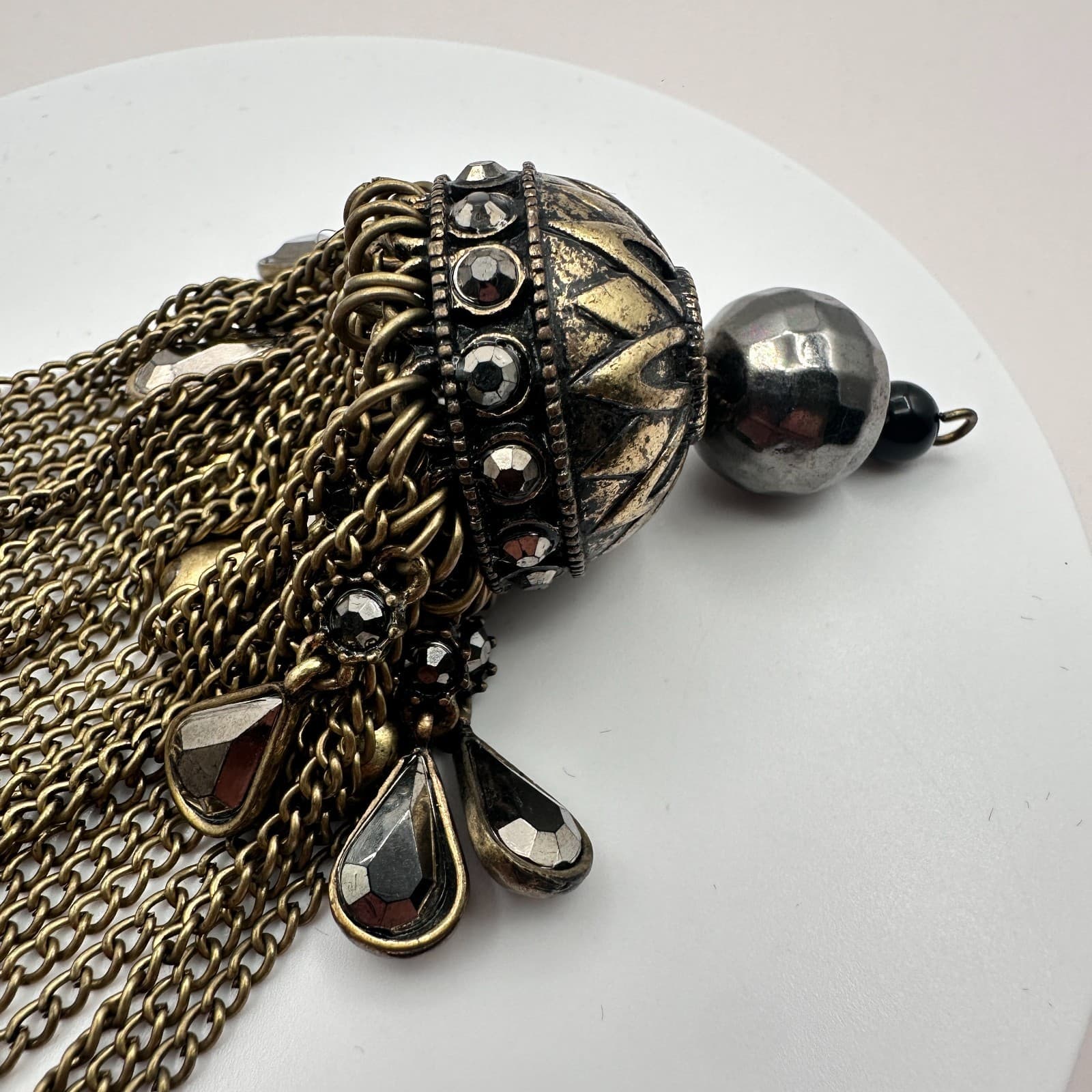 Vintage Antique Brass Dome Chain Tassel Pendant Charm Jhumka Gothic Rhinestone - Thumbnail 3