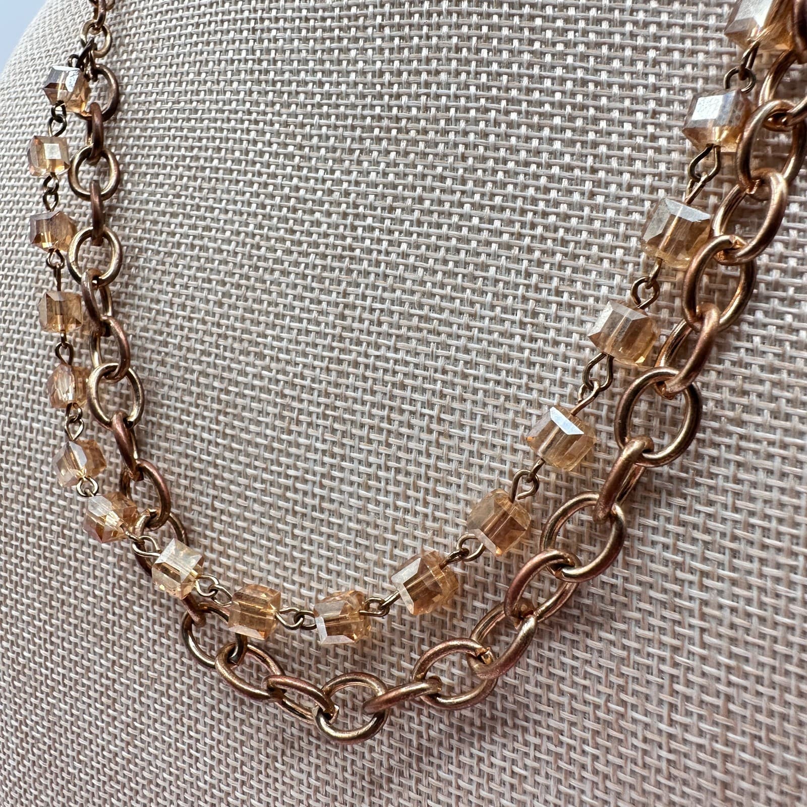 Vintage 90s Gold Tone Double Strand Glass Cube Necklace Women's Classic Jewelry - Thumbnail 10
