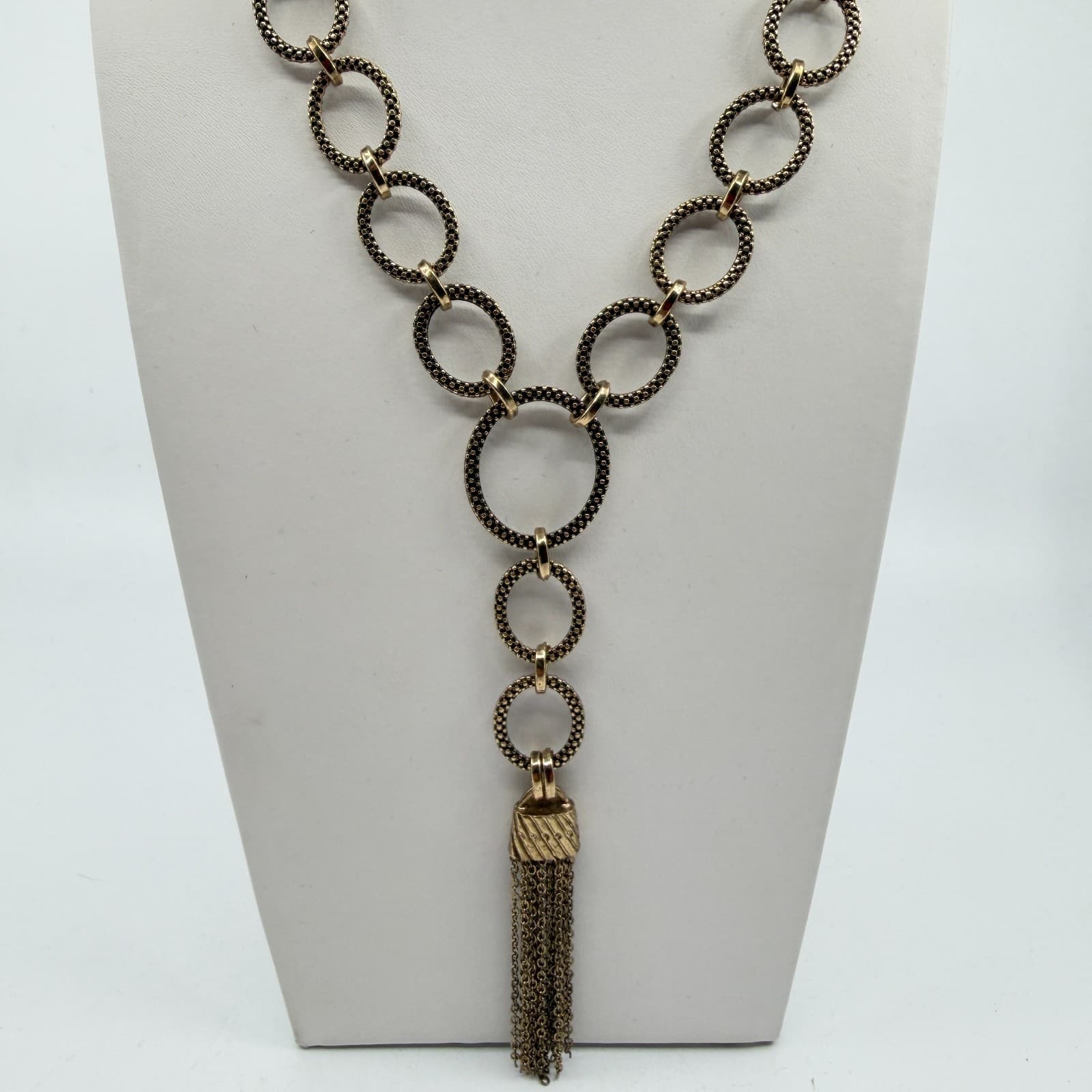 Gold Tone Statement Tassel Necklace Textured Linked Ring Chain Boho Chic Gift - Thumbnail 2