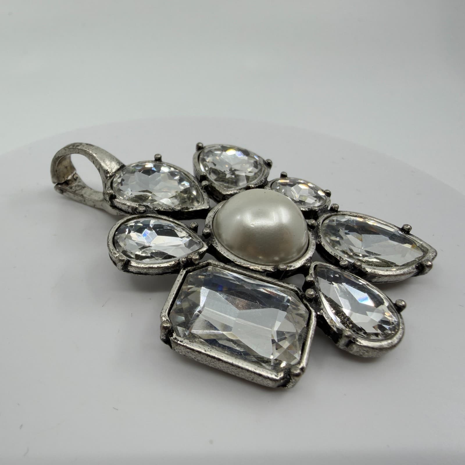 Large Statement Flower Pendant Faux Pearl Clear Crystal Silver Tone Boho Gift - Thumbnail 6
