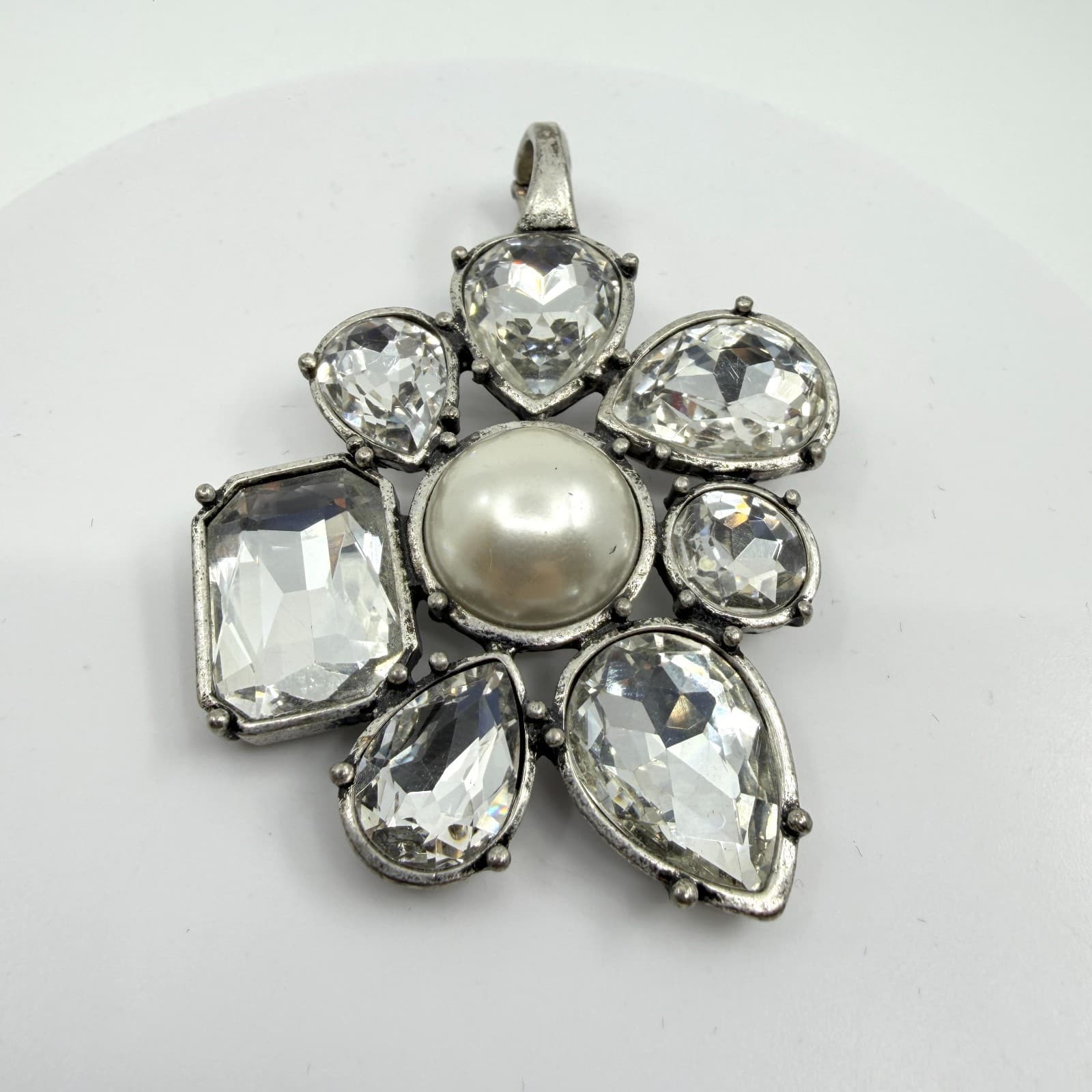 Large Statement Flower Pendant Faux Pearl Clear Crystal Silver Tone Boho Gift - Thumbnail 3