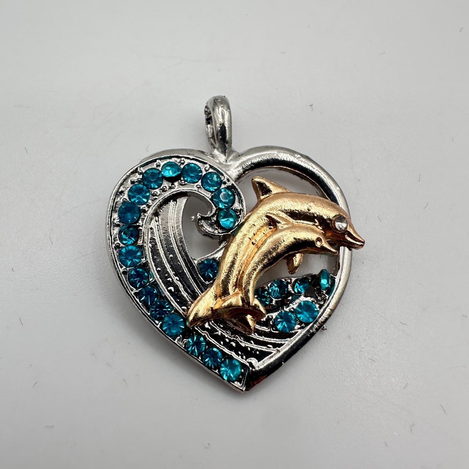 Vintage 90s Silver Tone Dolphin Heart Pendant Blue Rhinestone Women's Jewelry - Thumbnail 4