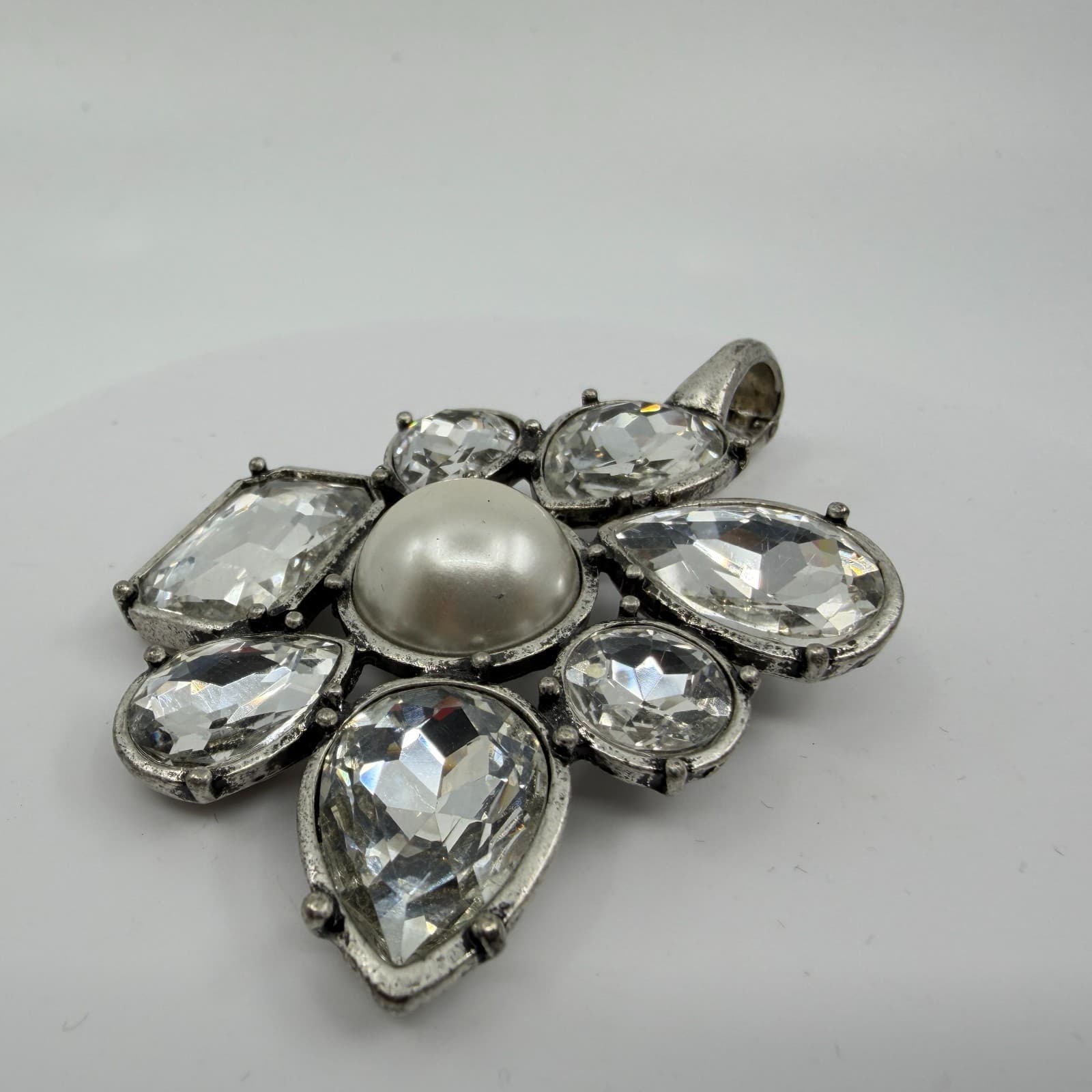 Large Statement Flower Pendant Faux Pearl Clear Crystal Silver Tone Boho Gift - Thumbnail 7