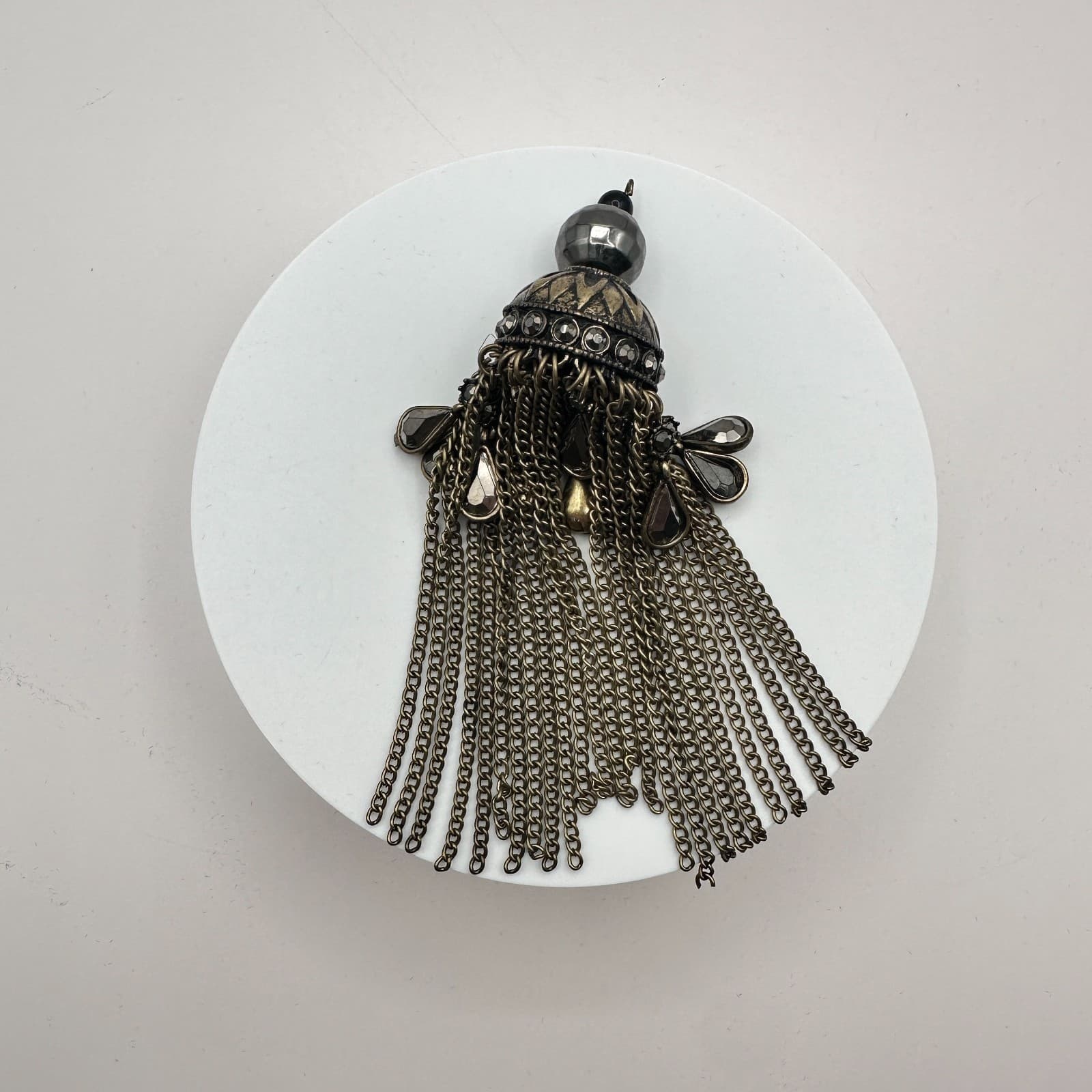 Vintage Antique Brass Dome Chain Tassel Pendant Charm Jhumka Gothic Rhinestone - Thumbnail 6
